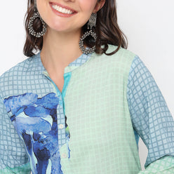 Straight Fit Printed Below Knee Band Collar Kurta with Pant Set