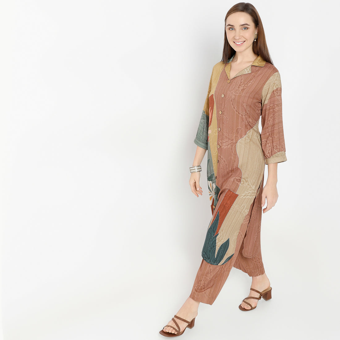 Flare Fit Printed Lapel Collar Kurta with Pant Set