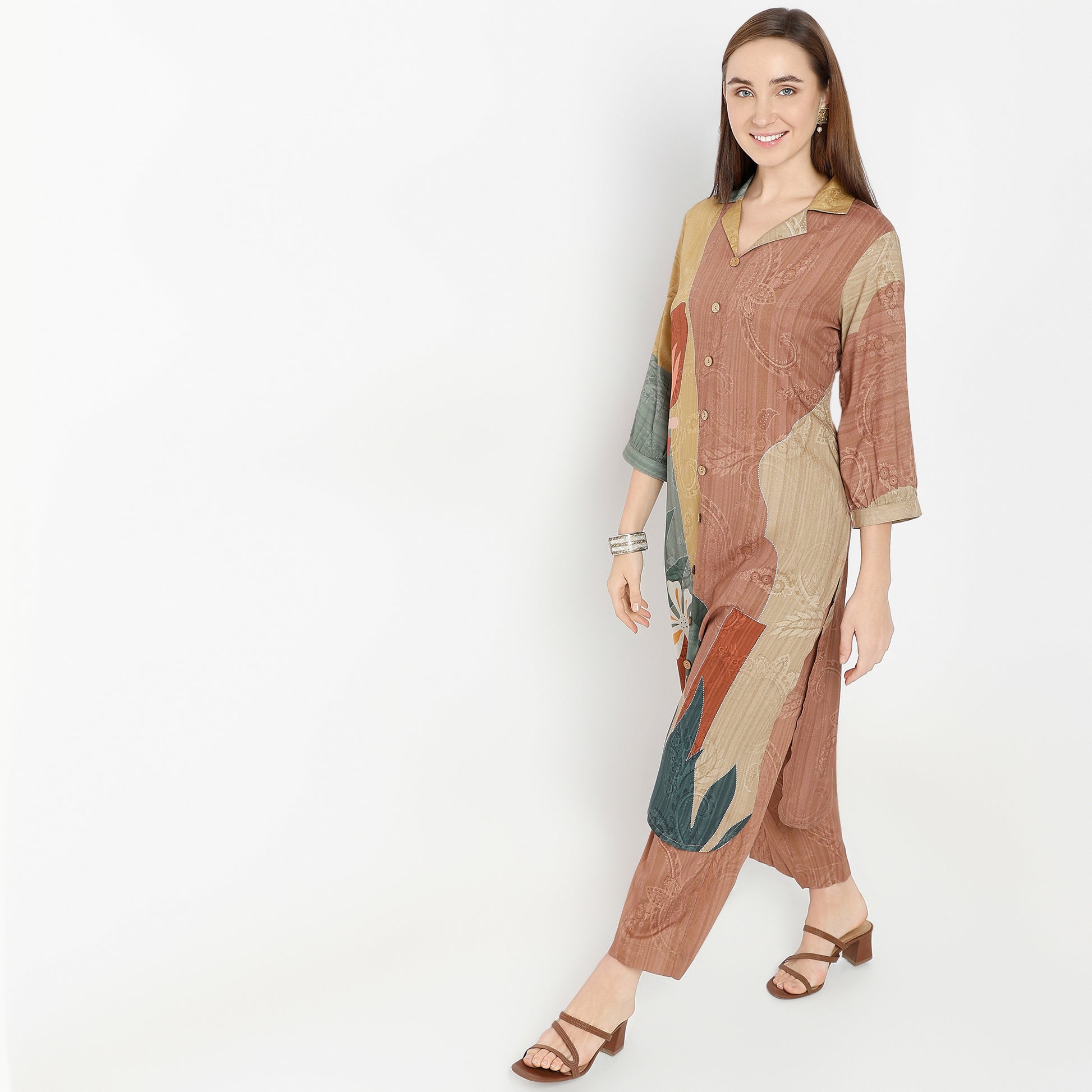 Flare Fit Printed Lapel Collar Kurta with Pant Set