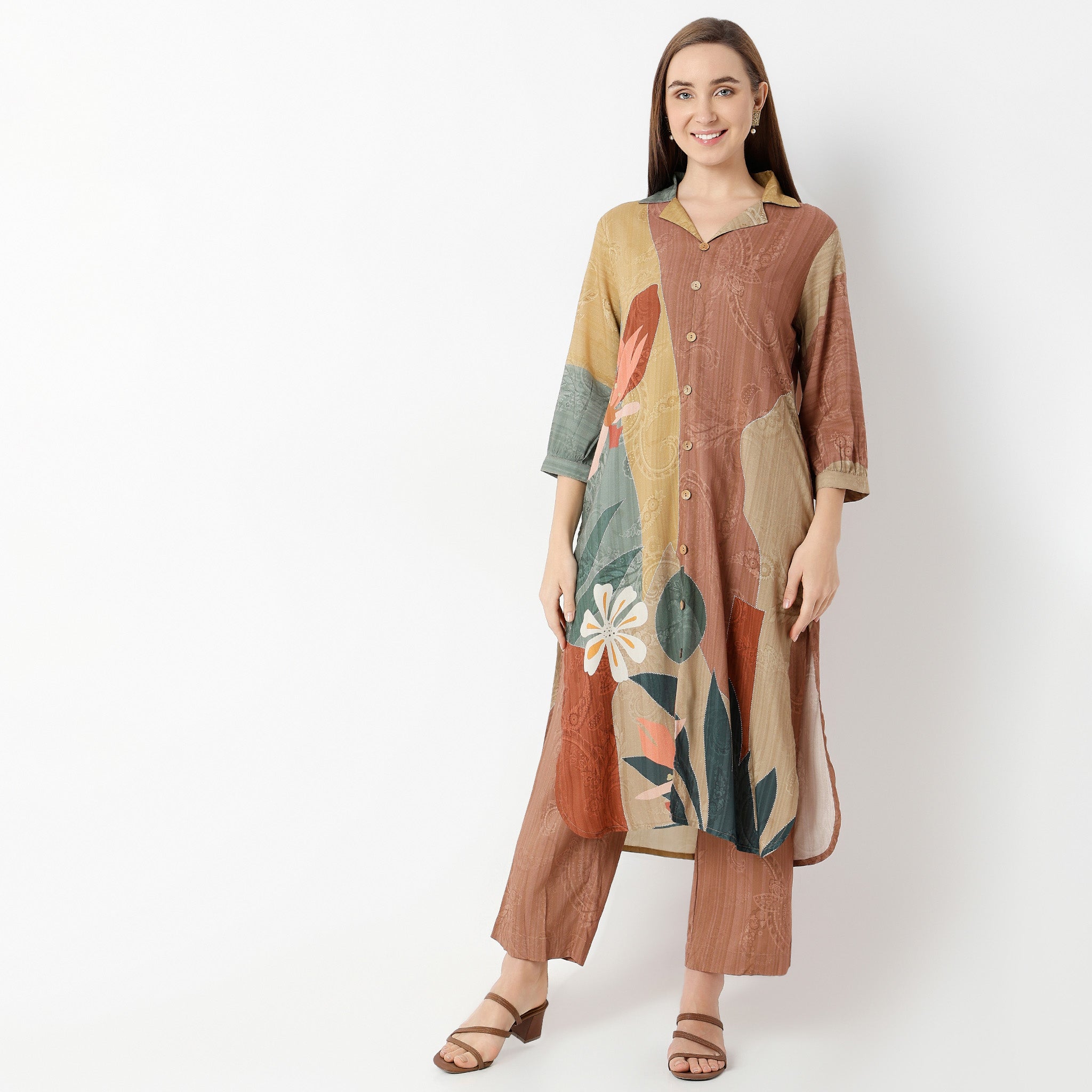 Flare Fit Printed Lapel Collar Kurta with Pant Set