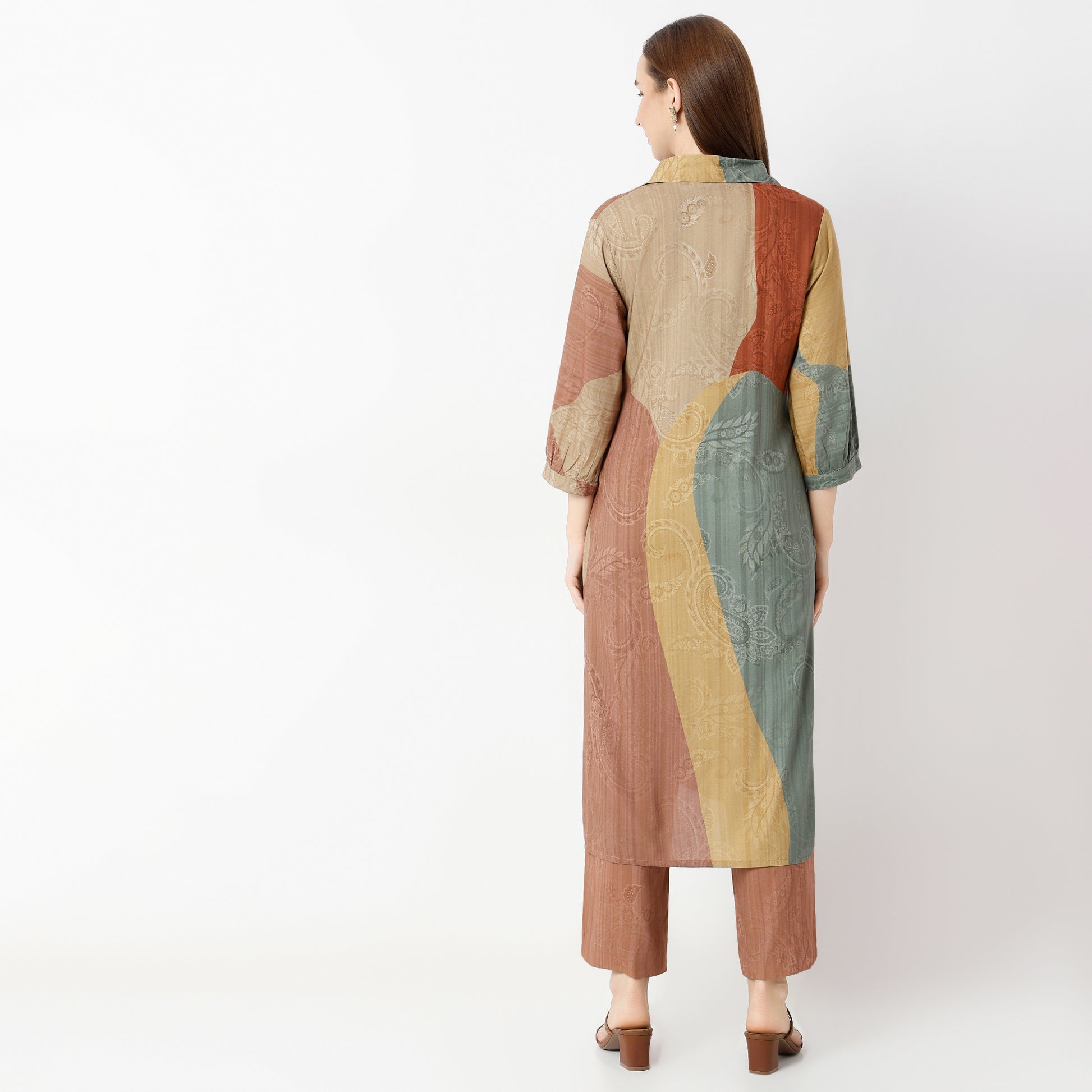 Flare Fit Printed Lapel Collar Kurta with Pant Set