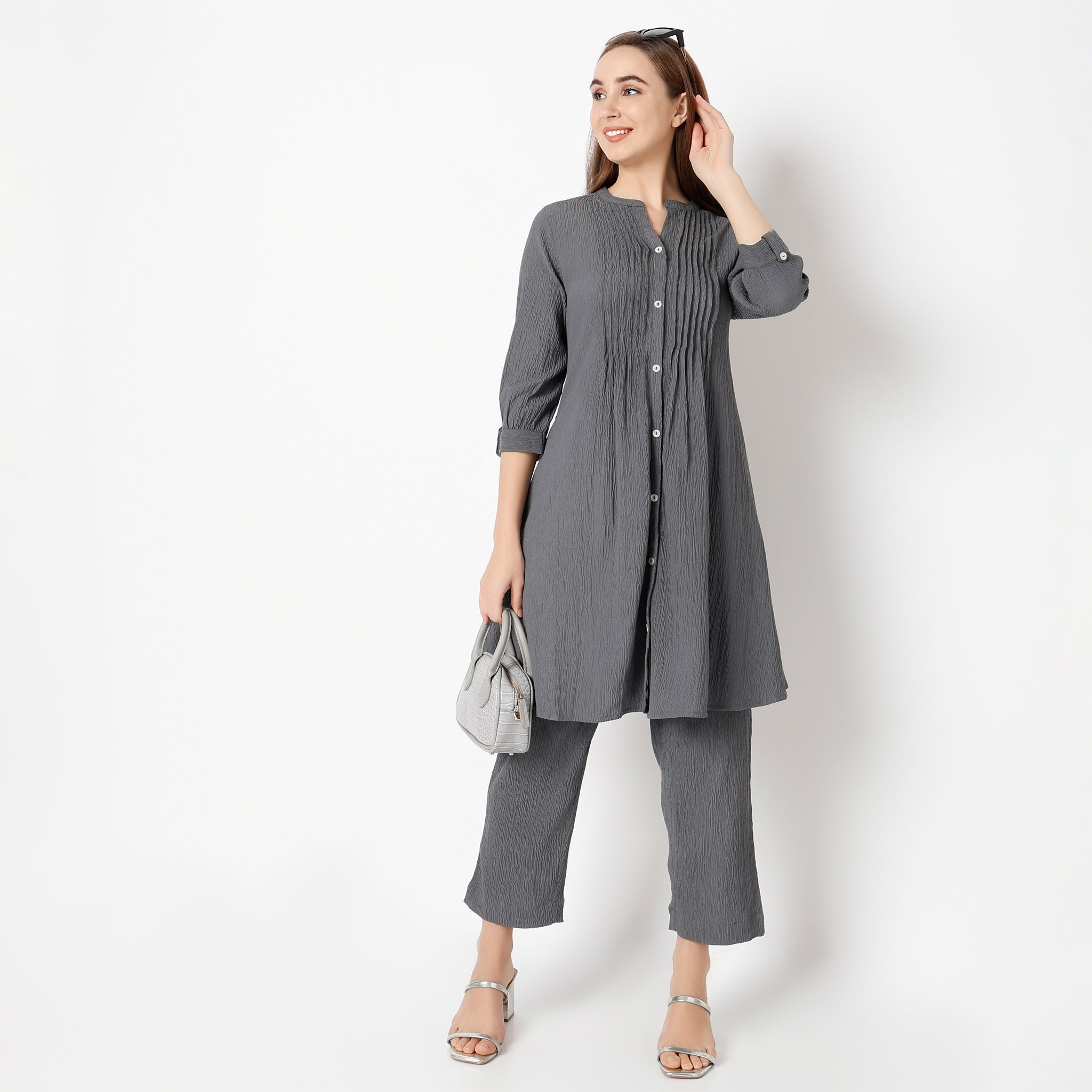 Flare Fit Solid Band Collar Kurta with Pant Set