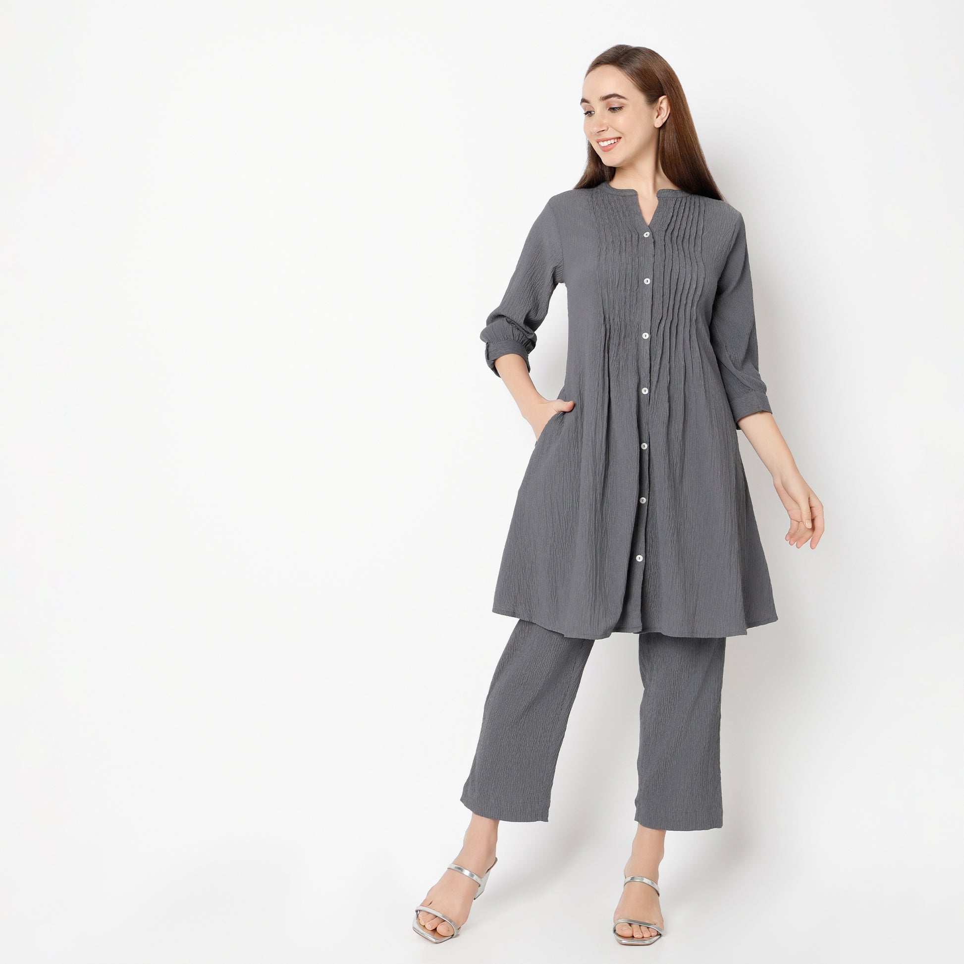 Flare Fit Solid Band Collar Kurta with Pant Set