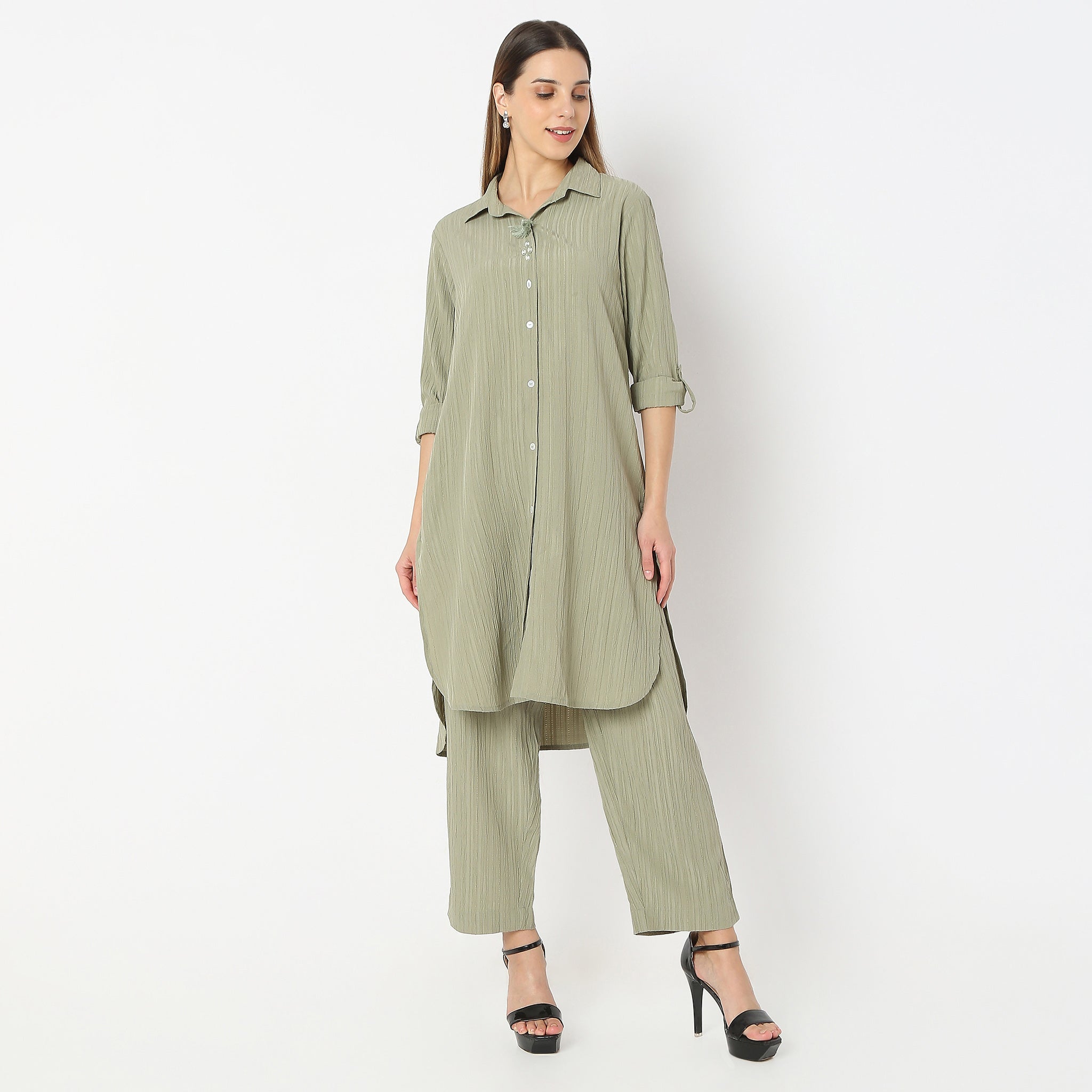 Straight Fit Collar Coordinated Code Kurta with Pant Set