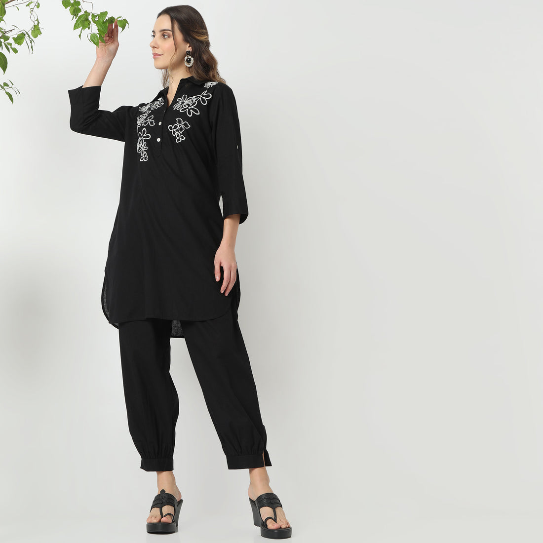 Straight Fit Embroidered Shirt Collar Kurta with Pant Set