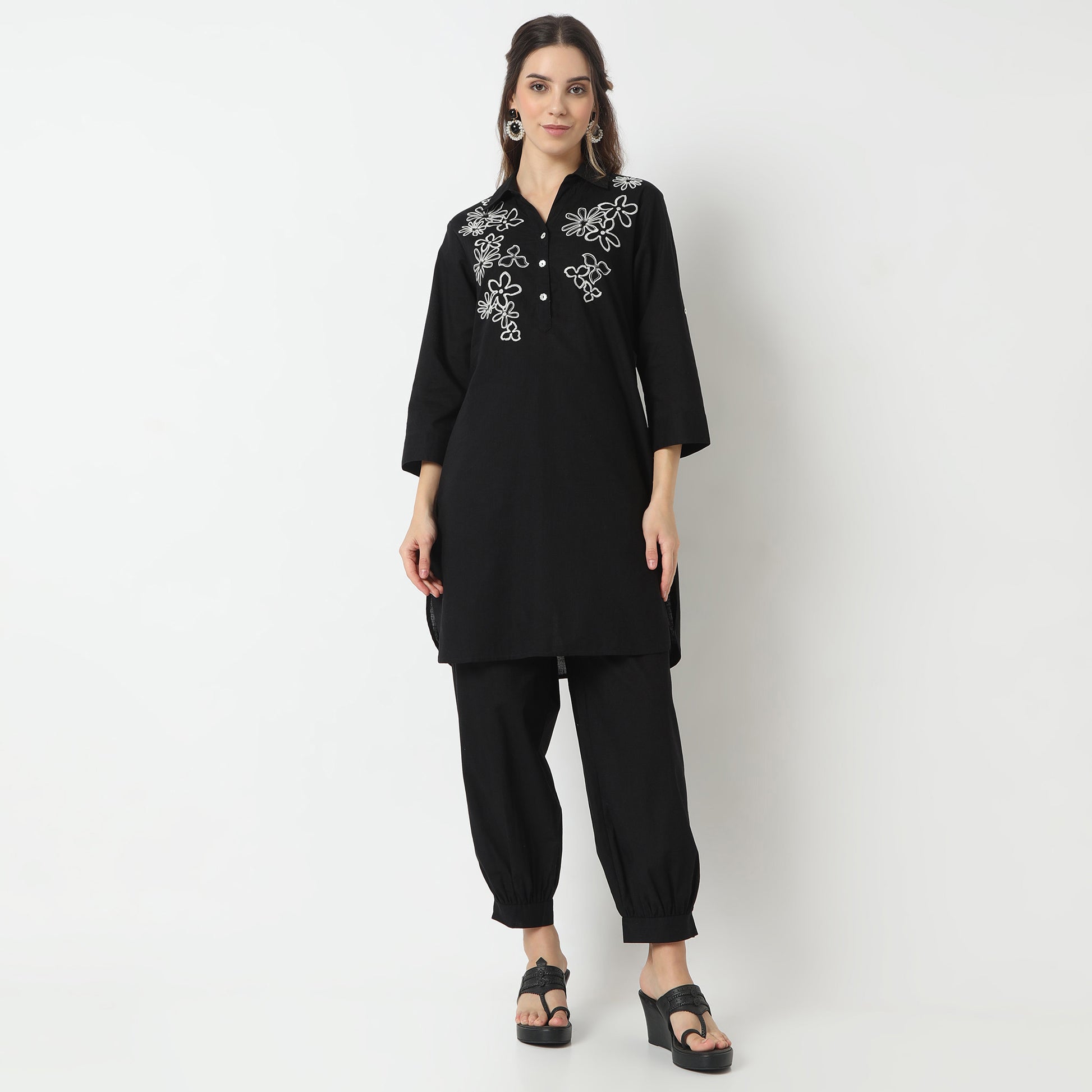 Straight Fit Embroidered Shirt Collar Kurta with Pant Set