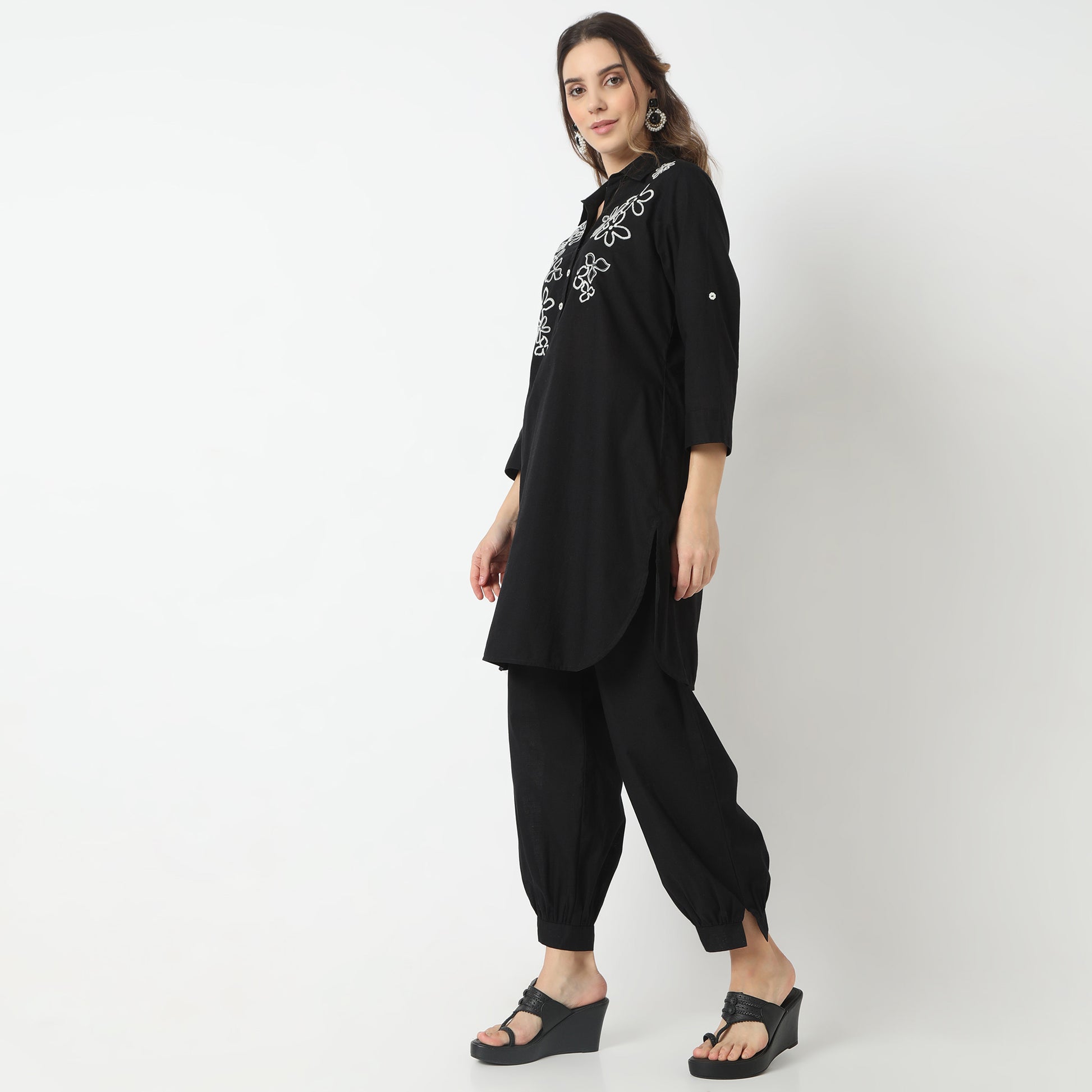 Straight Fit Embroidered Shirt Collar Kurta with Pant Set