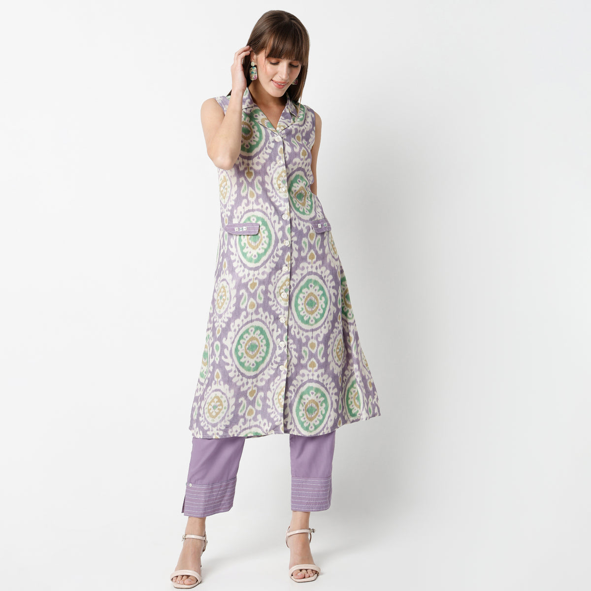 Flare Fit Printed Lapel Collar Kurta with Pant Set