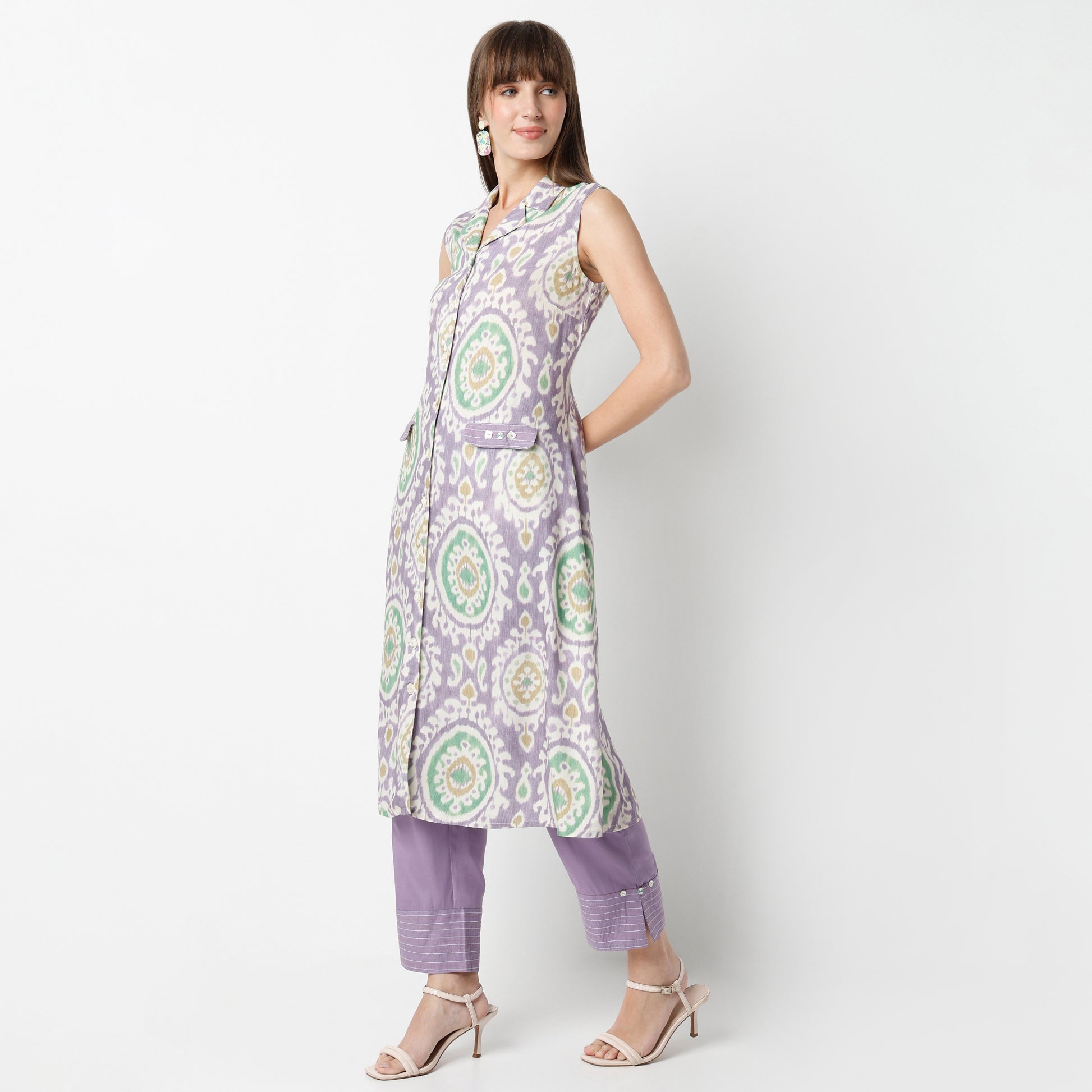 Flare Fit Printed Lapel Collar Kurta with Pant Set
