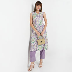 Flare Fit Printed Lapel Collar Kurta with Pant Set