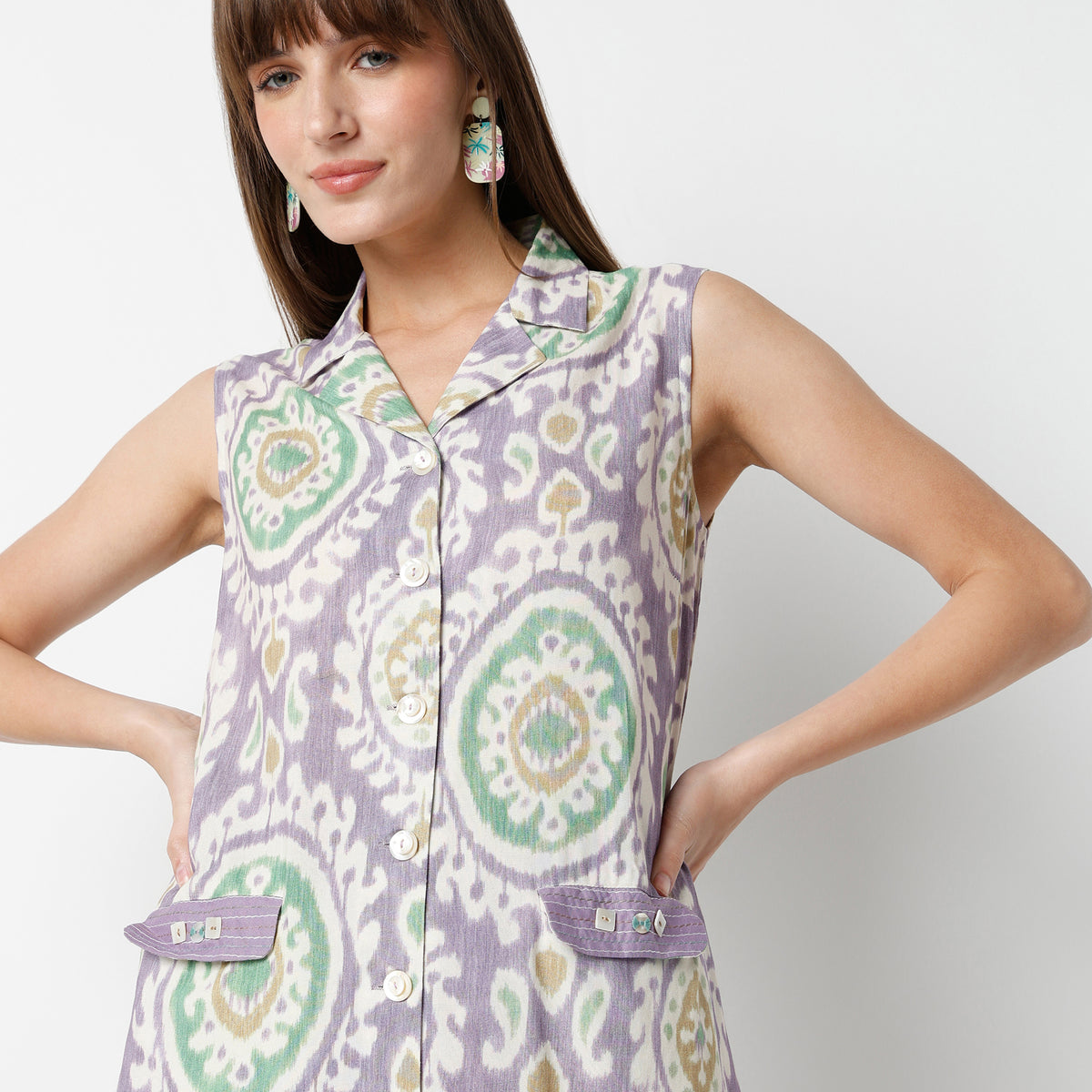 Flare Fit Printed Lapel Collar Kurta with Pant Set