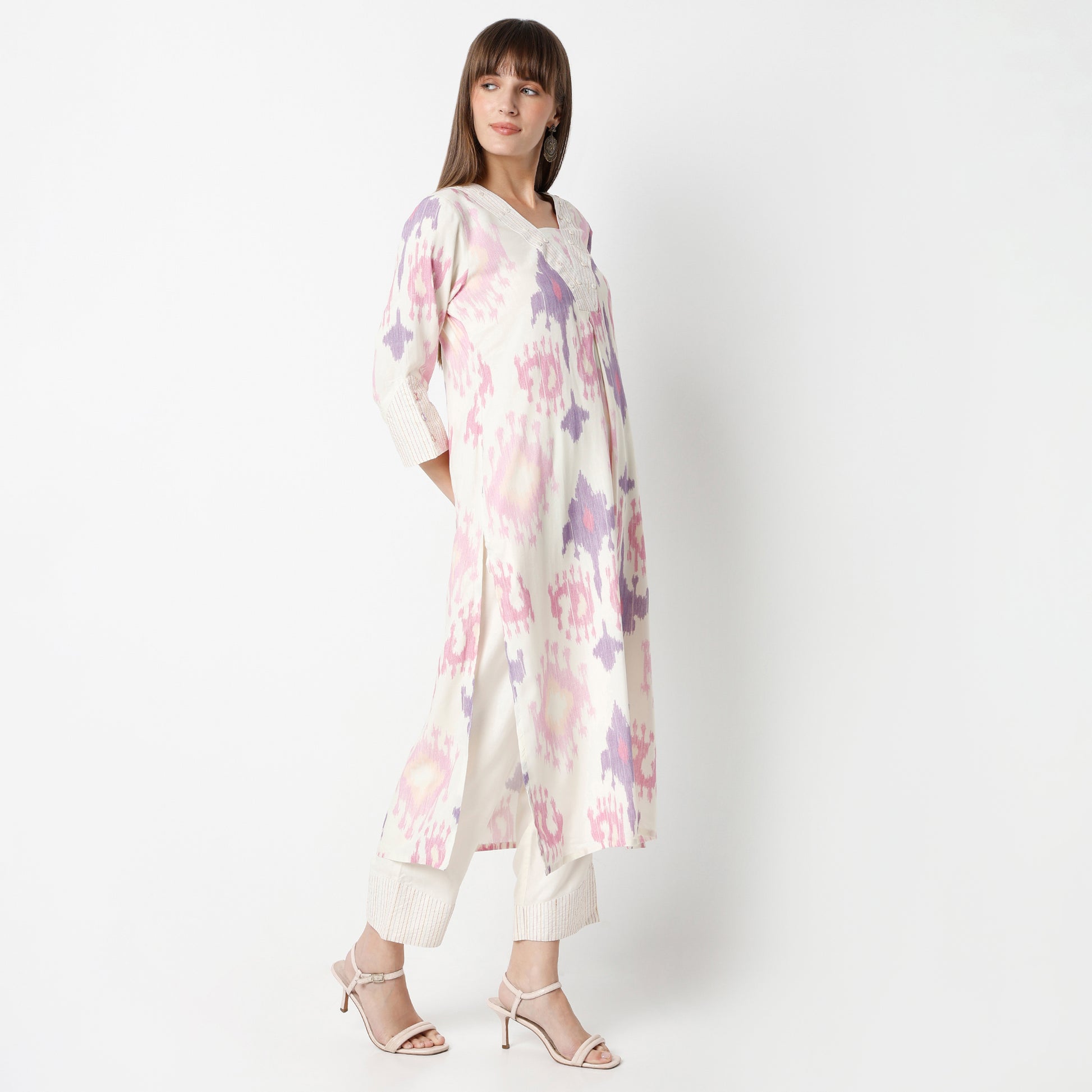 Straight Fit Printed V Neck Kurta with Pant Set