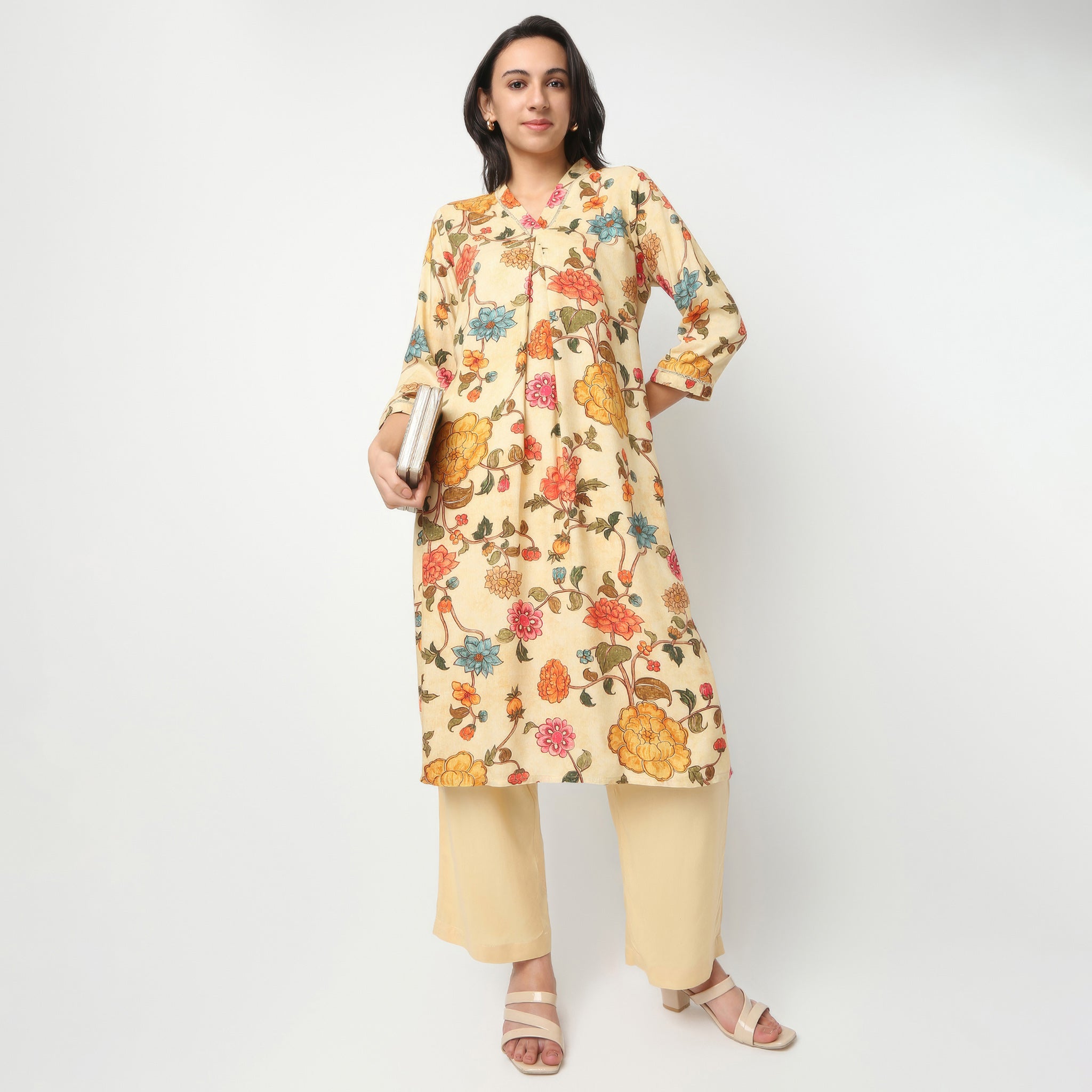 Straight Fit Printed Below Knee V-Neck Kurta With Pant Set