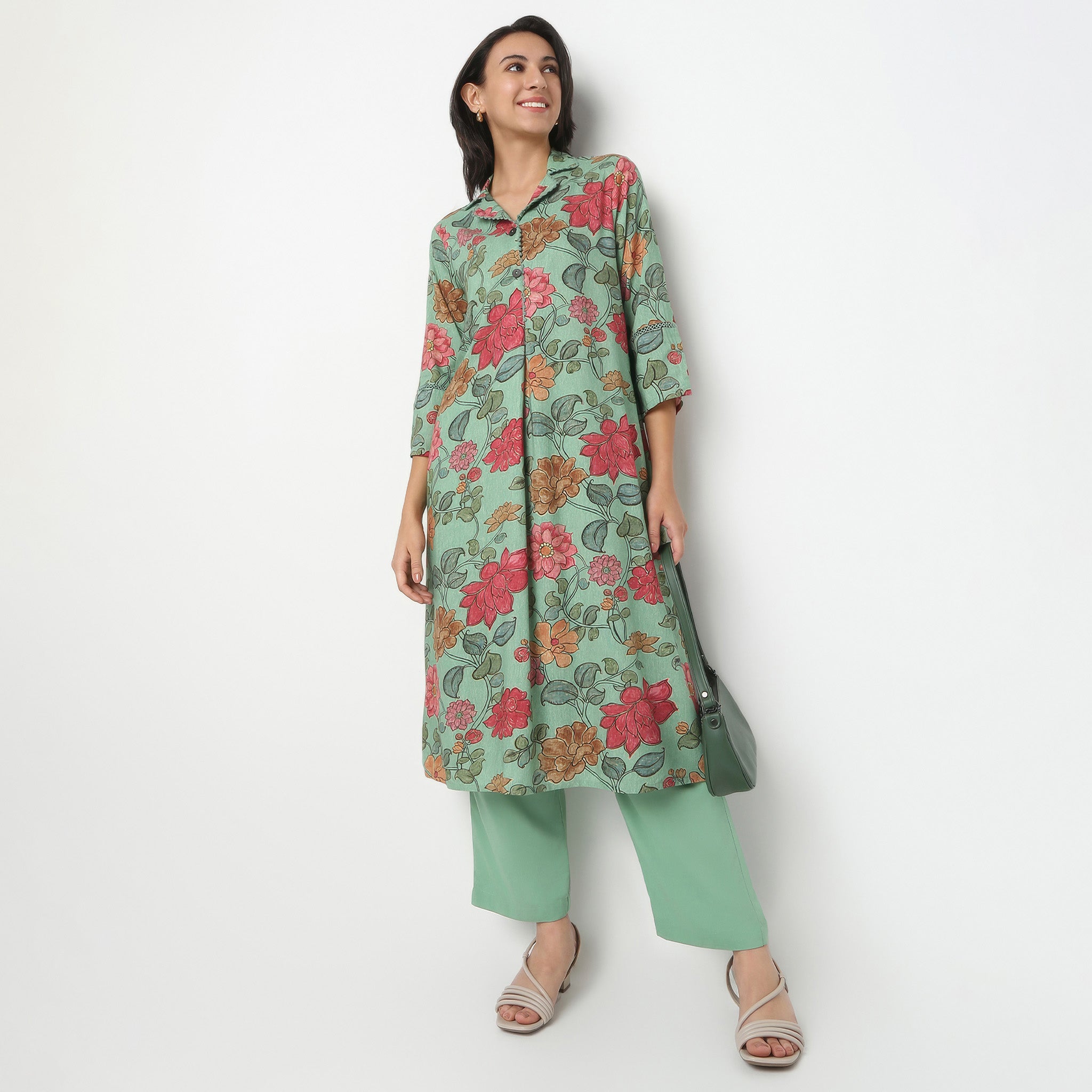 Printed Below Knee Camp Collar A-Line Flared Kurta With Pant Set