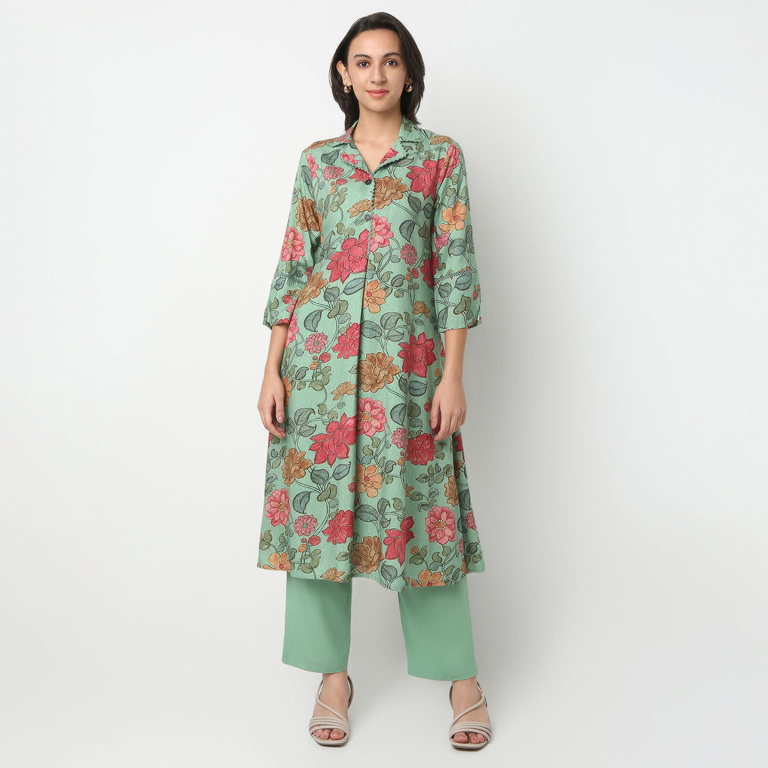 Printed Camp Collar A-Line Flared Kurta With Pant Set