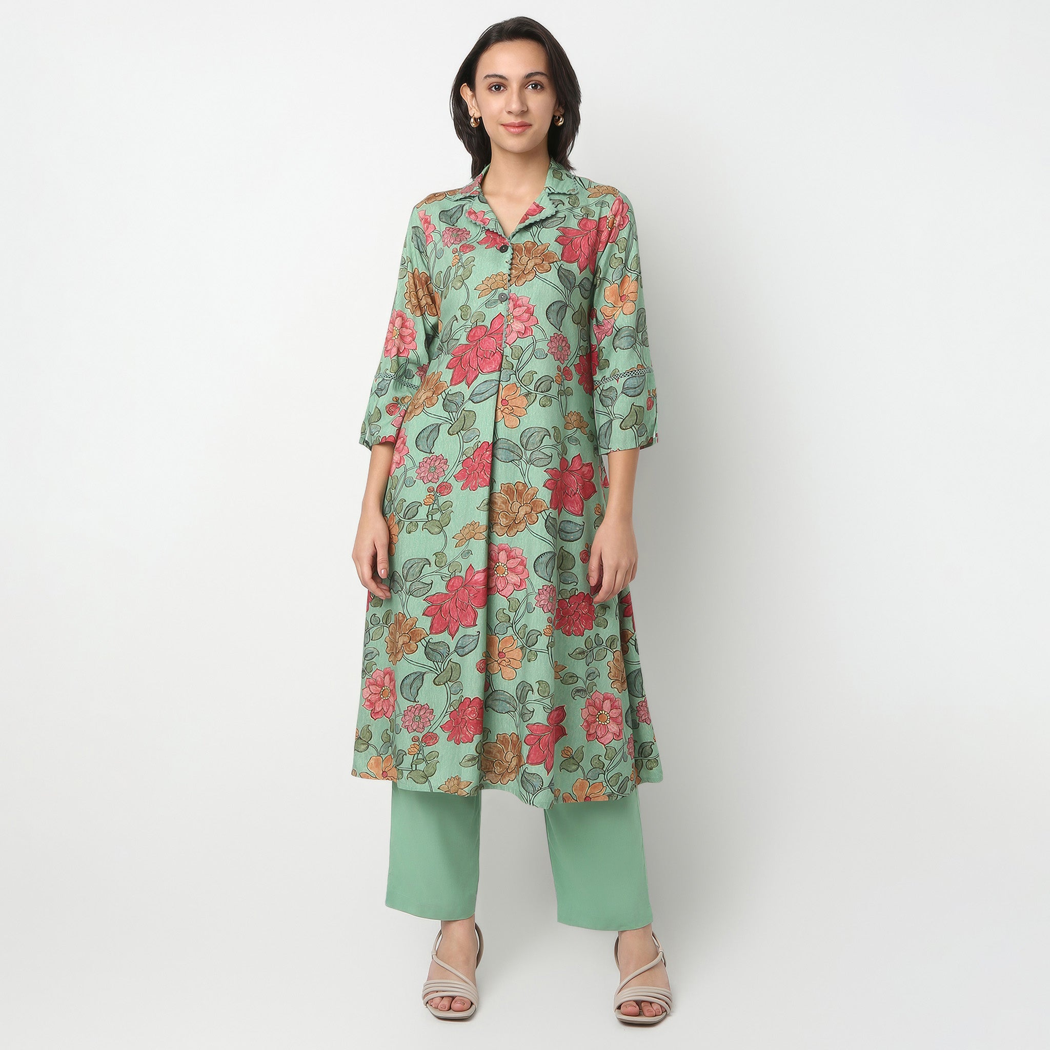 Printed Below Knee Camp Collar A-Line Flared Kurta With Pant Set