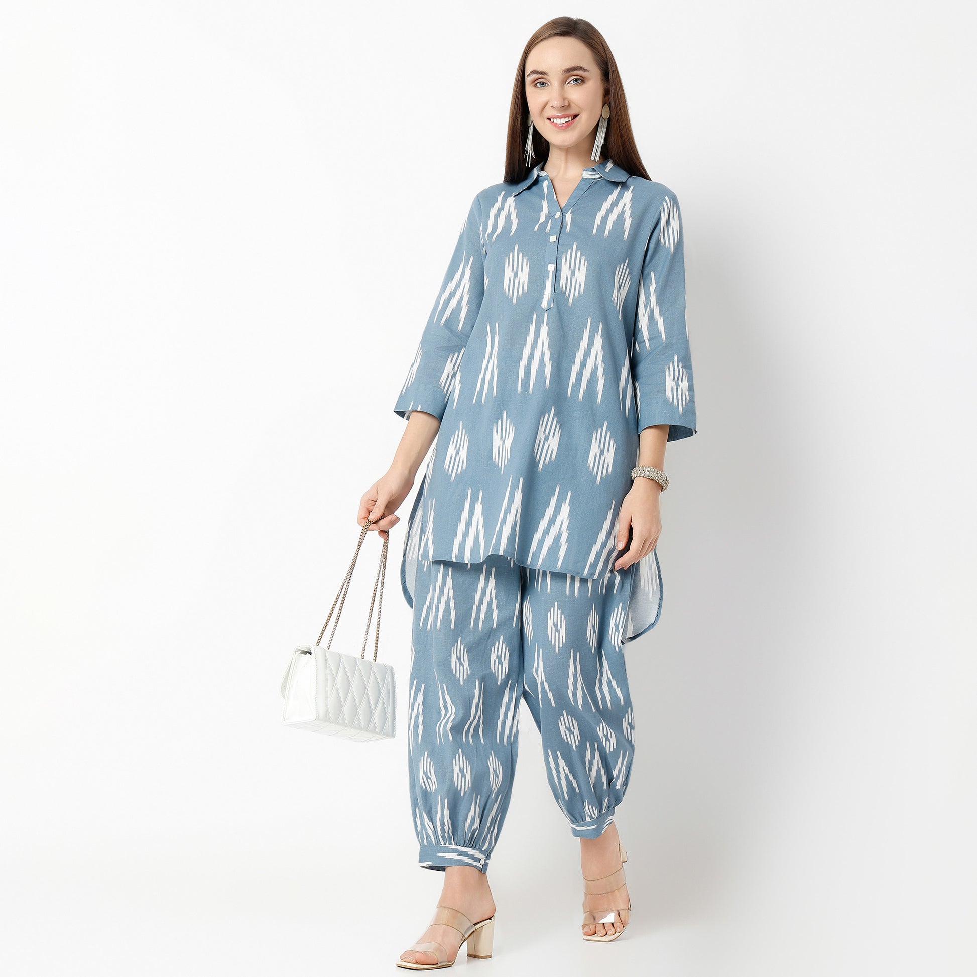 Straight Fit Printed Shirt Collar Kurta with Pant Set