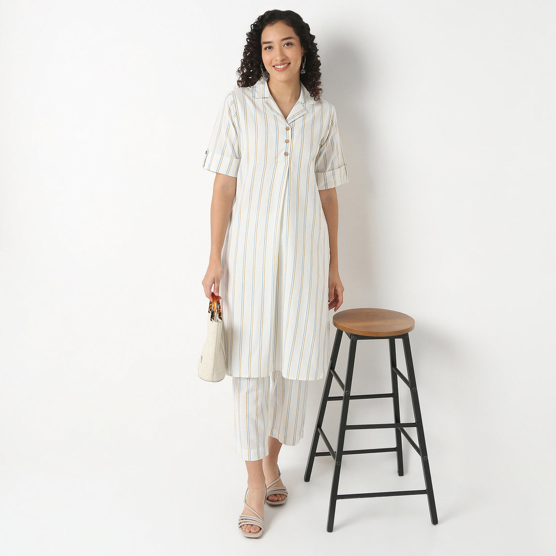 Striped Lapel Collar Kurta With Pant Set