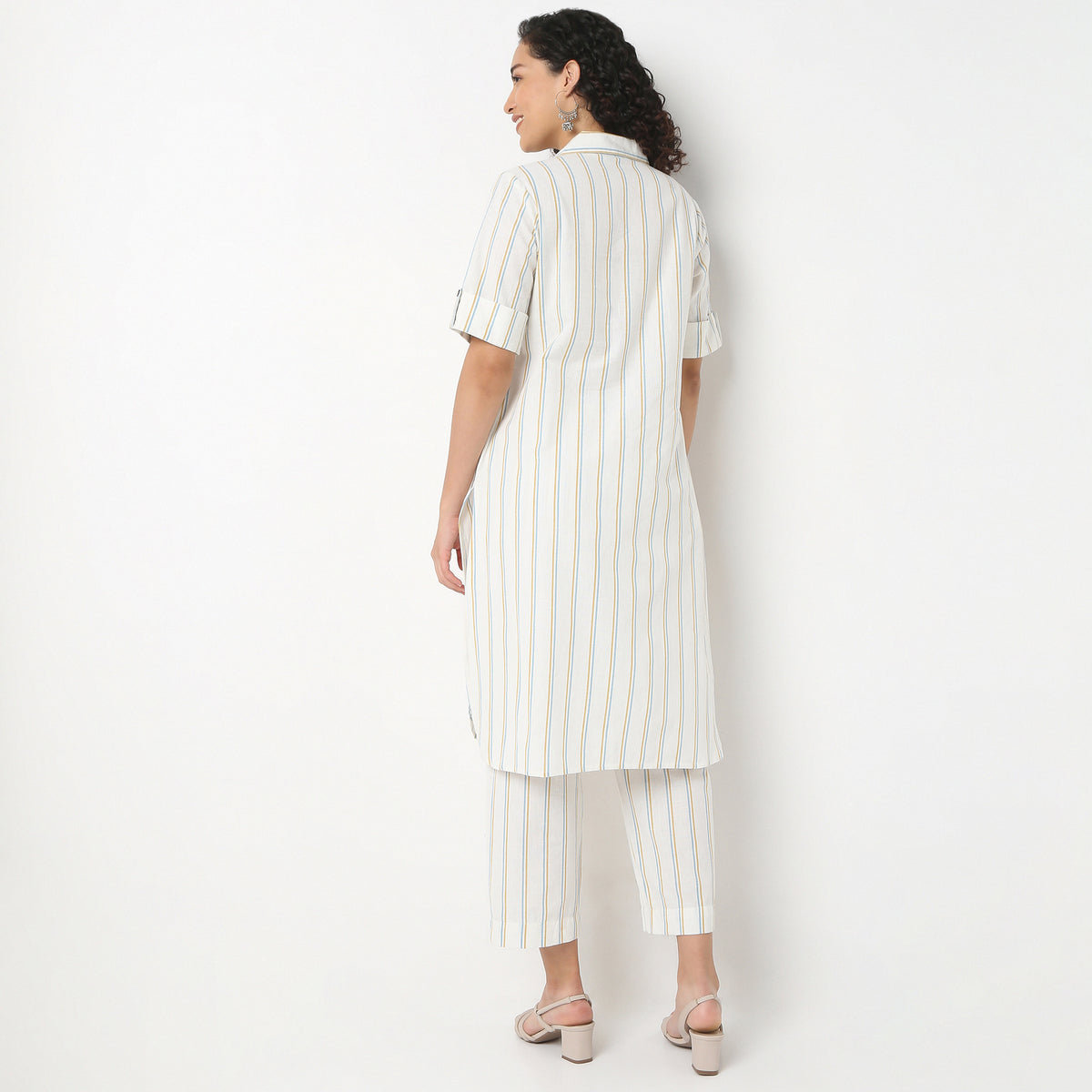 Striped Lapel Collar Kurta With Pant Set