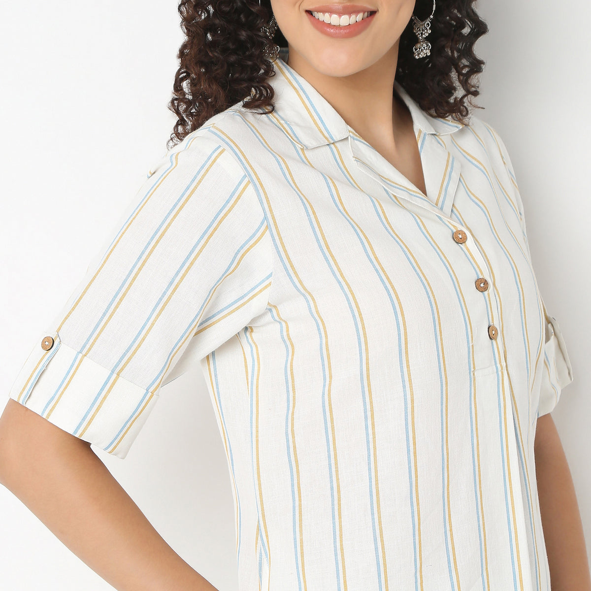 Striped Lapel Collar Kurta With Pant Set