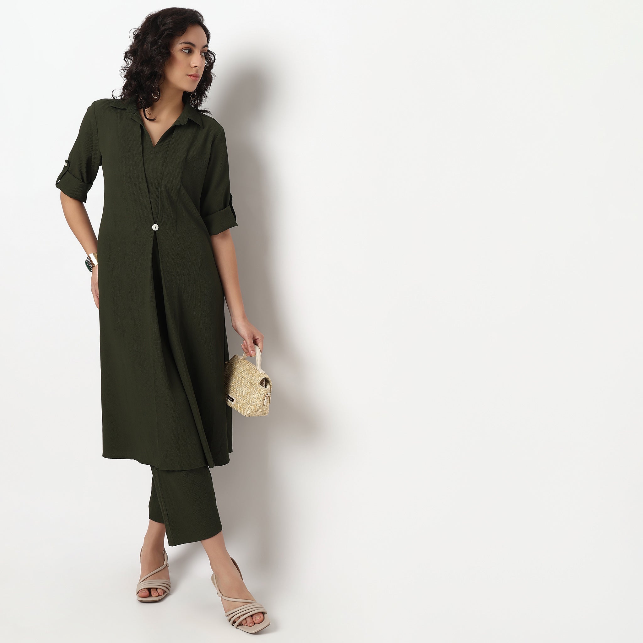 Buy Women Flare Fit Solid Three-Fourth Sleeve Kurta with Pant Set  - Style Union