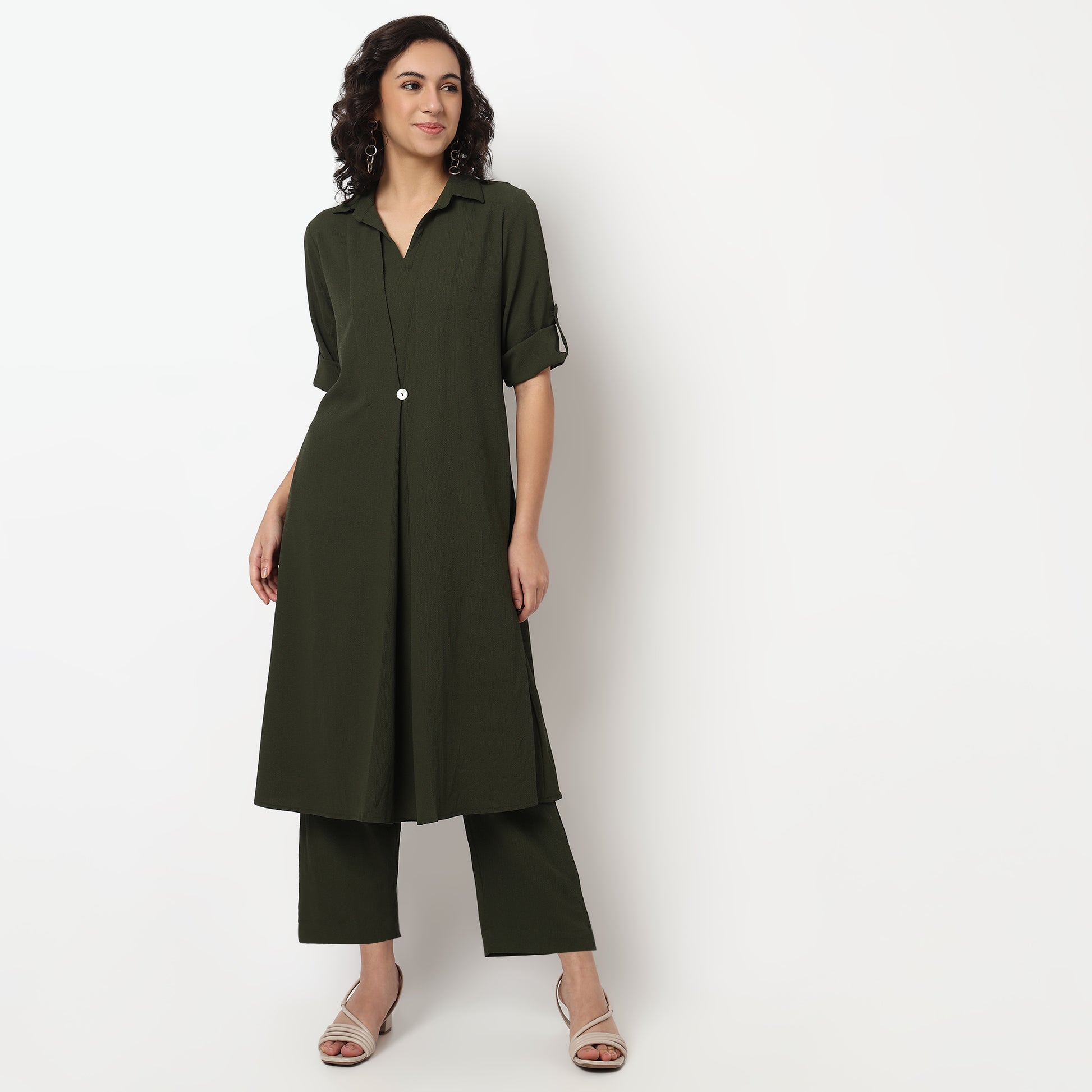 Buy Women Flare Fit Solid Three-Fourth Sleeve Kurta with Pant Set  - Style Union