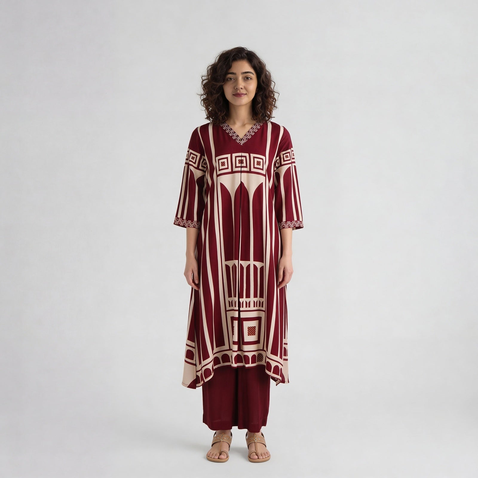 Printed V-Neck A-Line Kurta with Pant Set