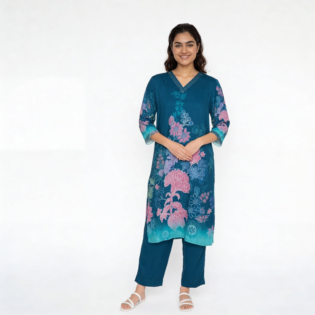 Printed V-Neck Kurta with Pant Set