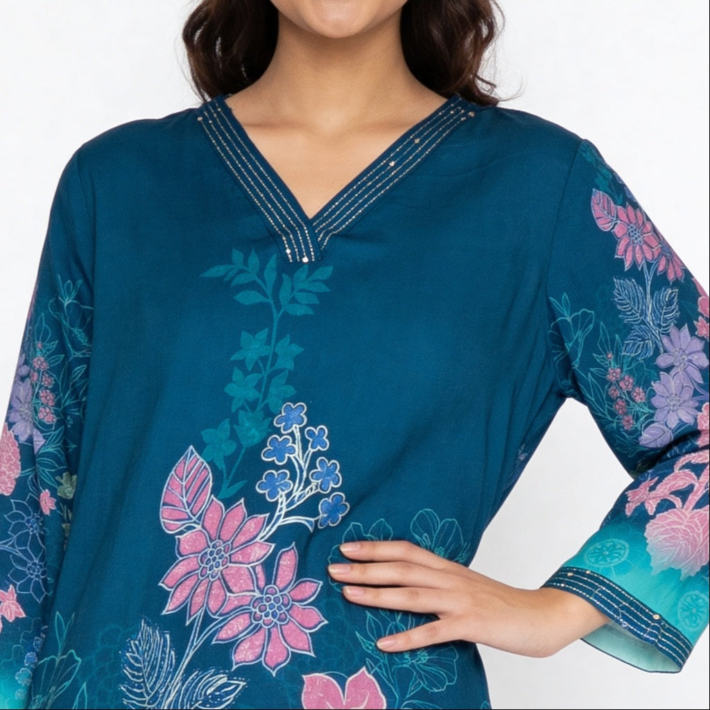 Printed V-Neck Kurta with Pant Set