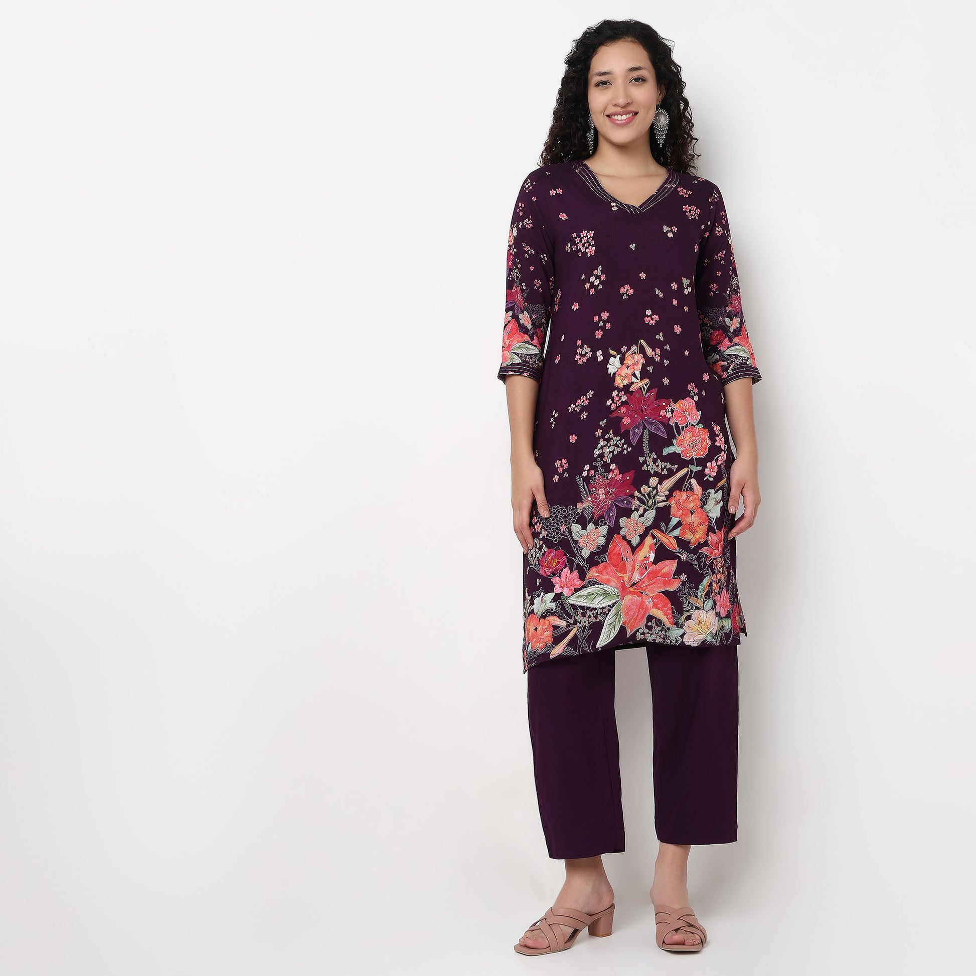 V-Neck Printed Kurta and Pant Set