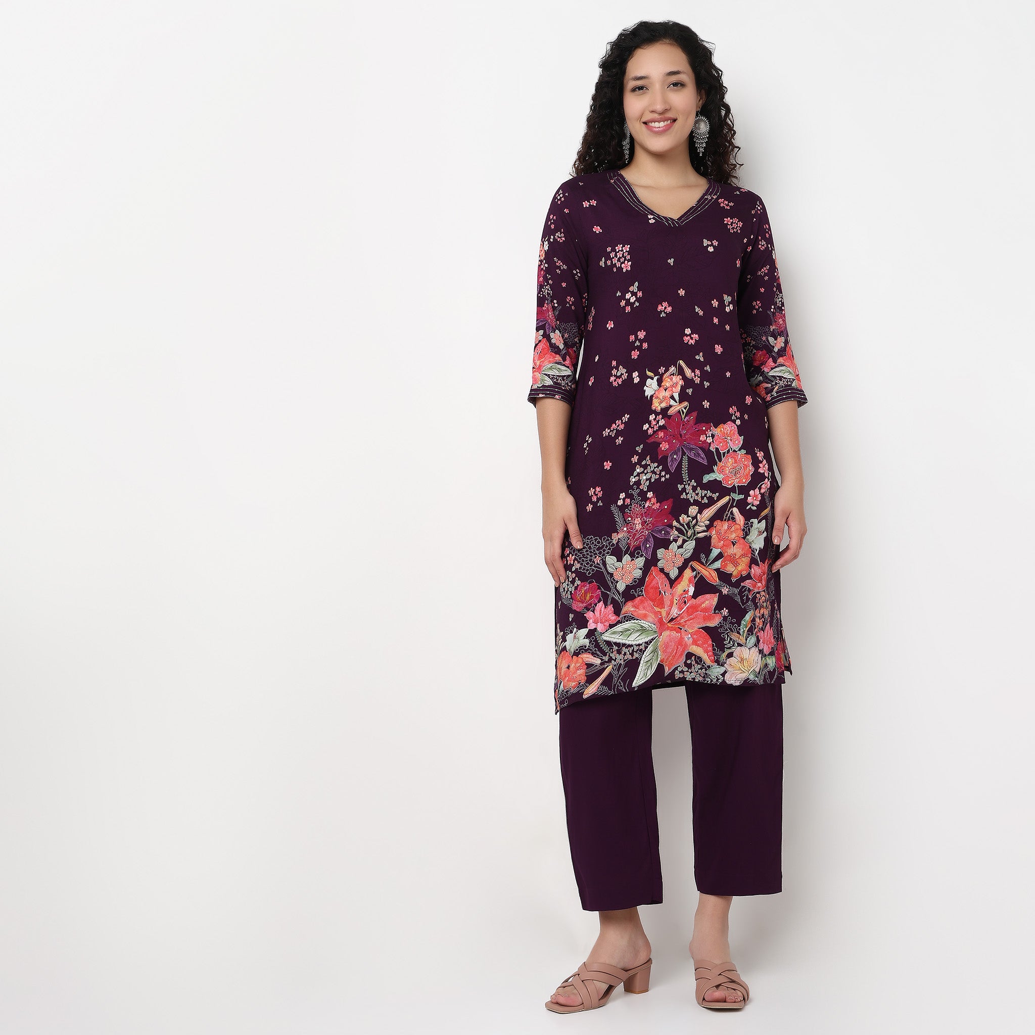V-Neck Printed Kurta and Pant Set
