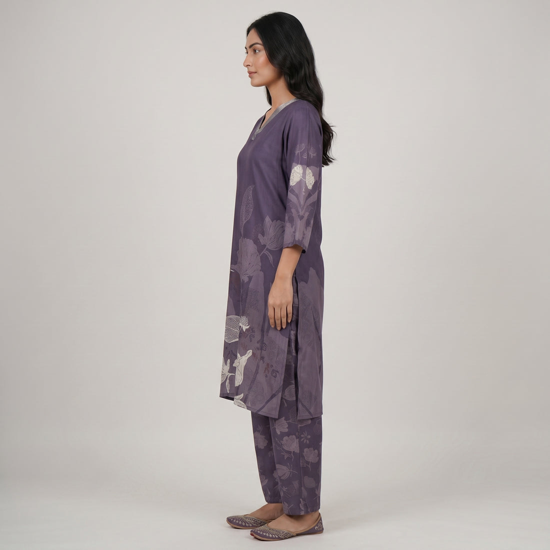 Printed V-Neck Kurta with Pant Set