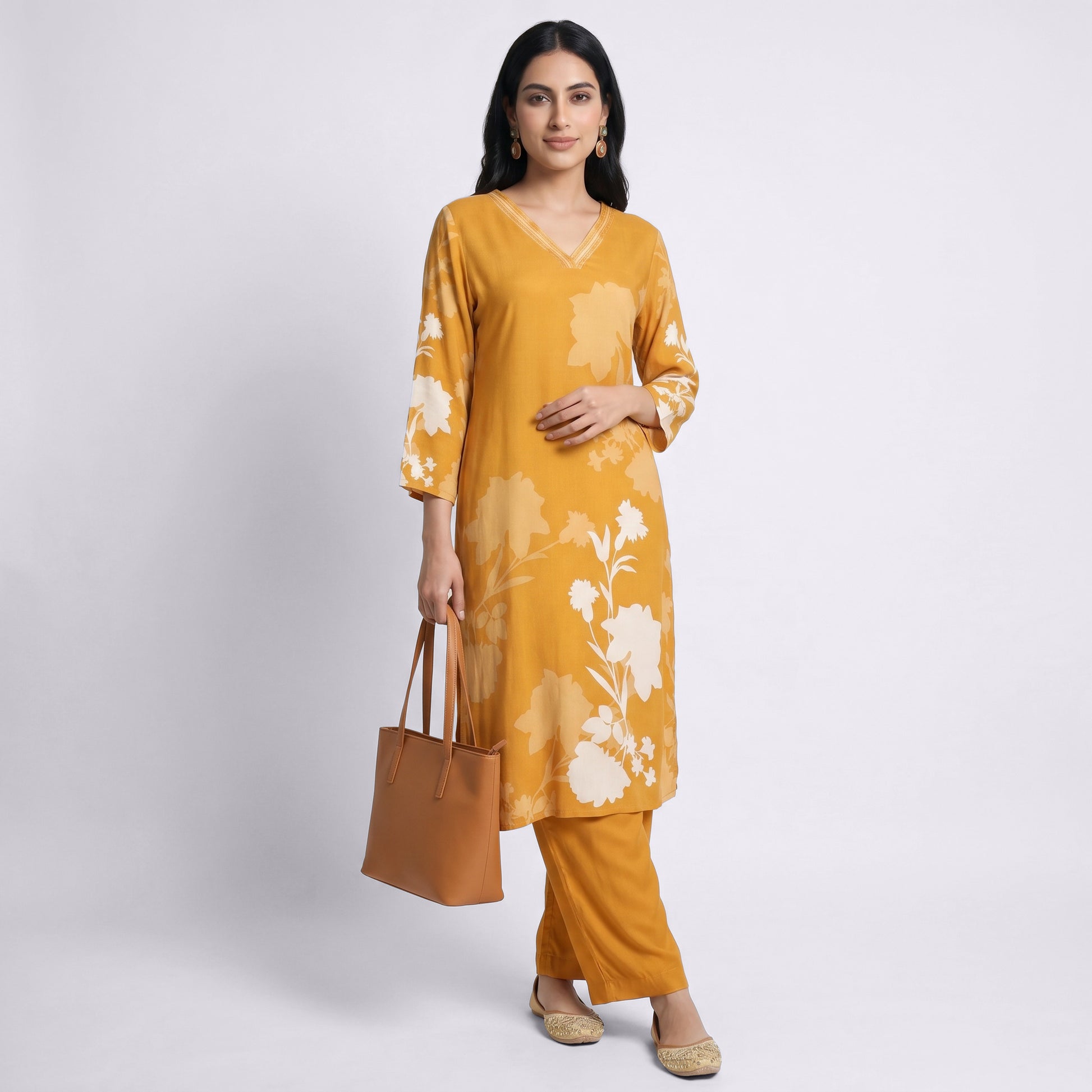 Printed V-Neck Kurta with Pant Set