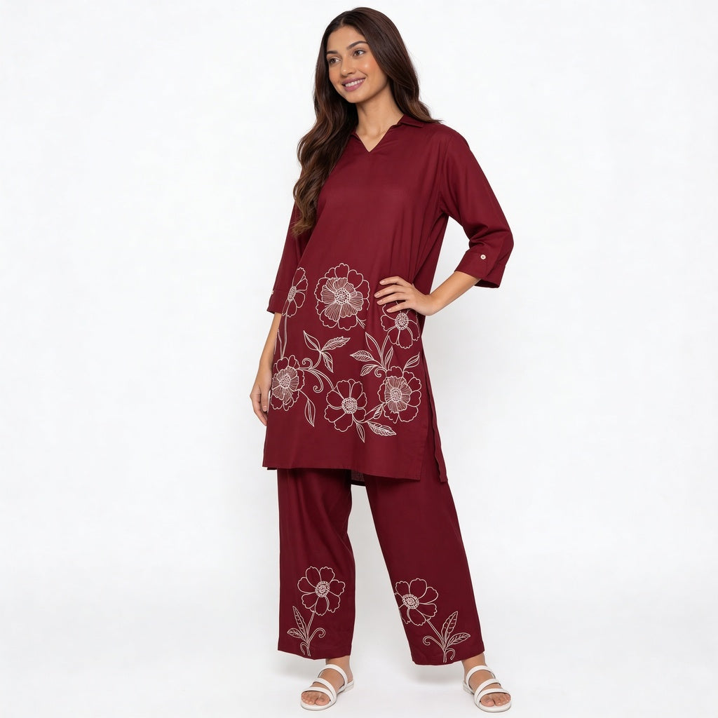 Embroidered Collar Kurta with Pant Set