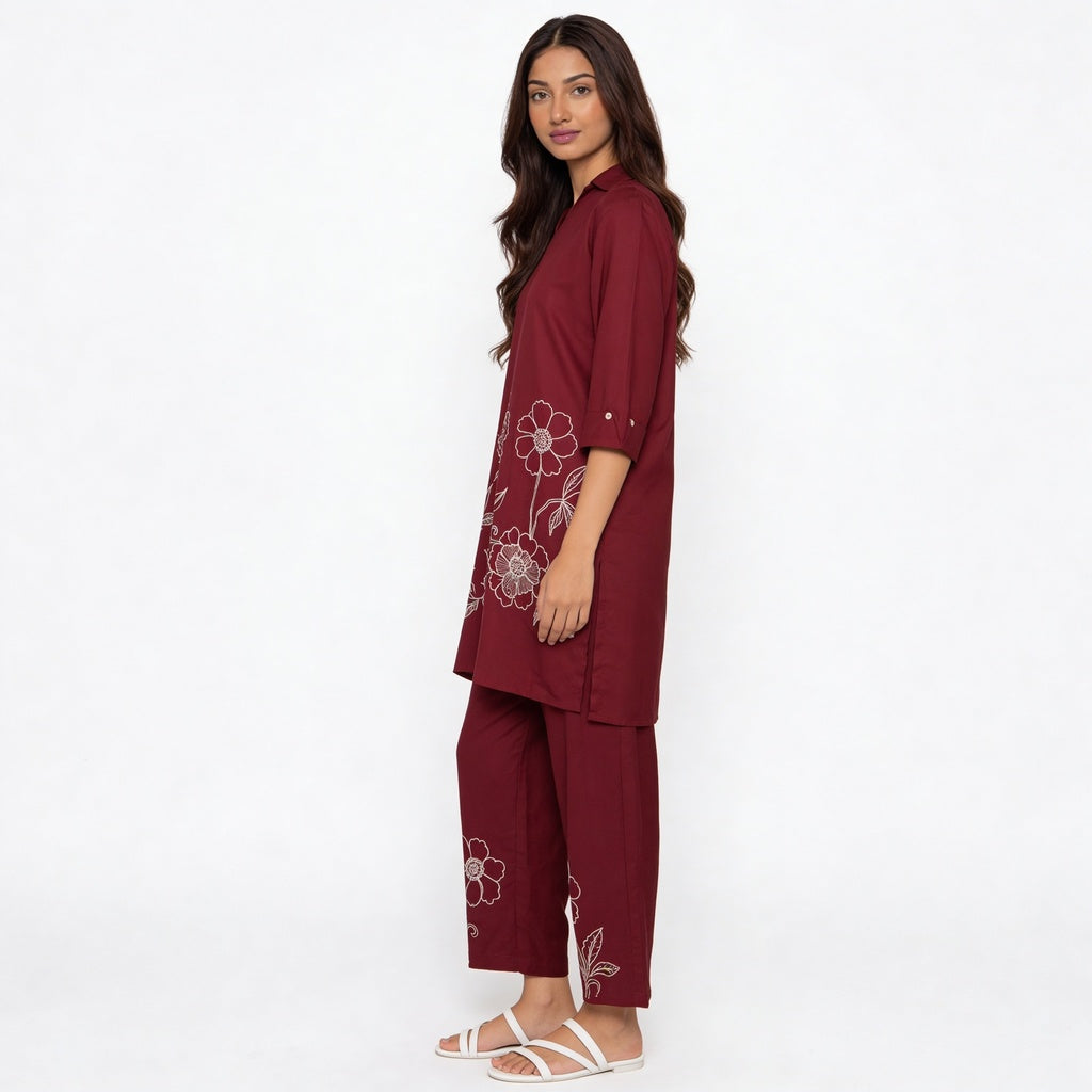 Embroidered Collar Kurta with Pant Set