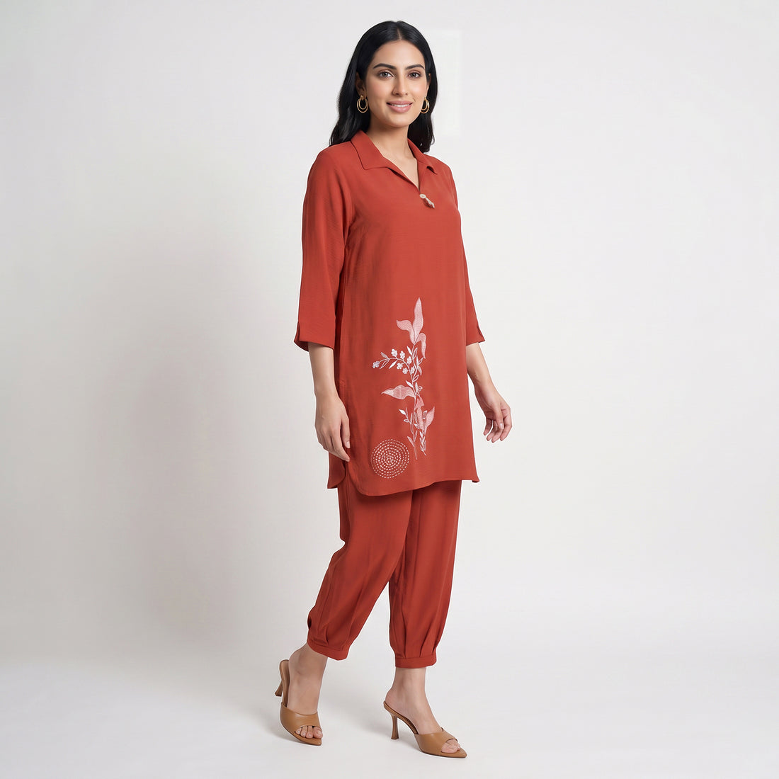 Solid Shirt Collar Straight Ethnic Sets