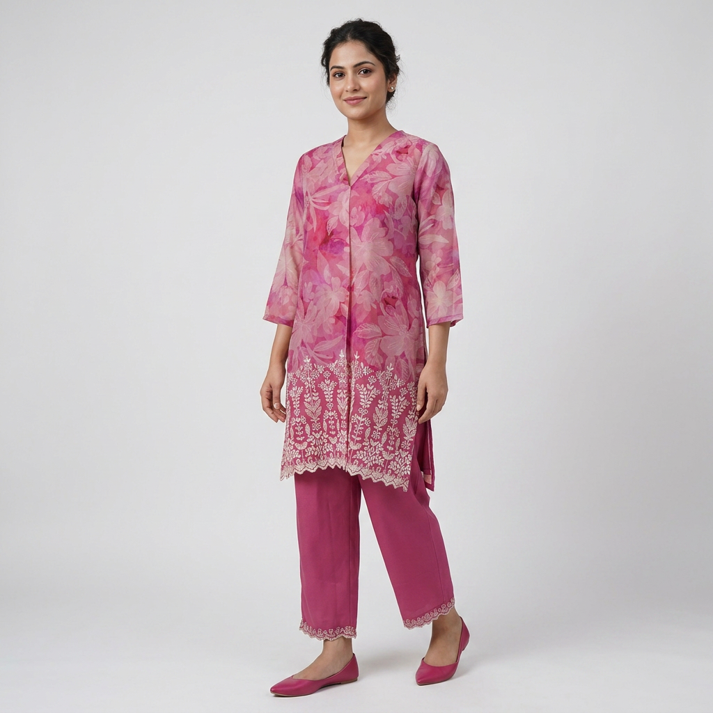 Printed V-Neck Kurta with Pant Set