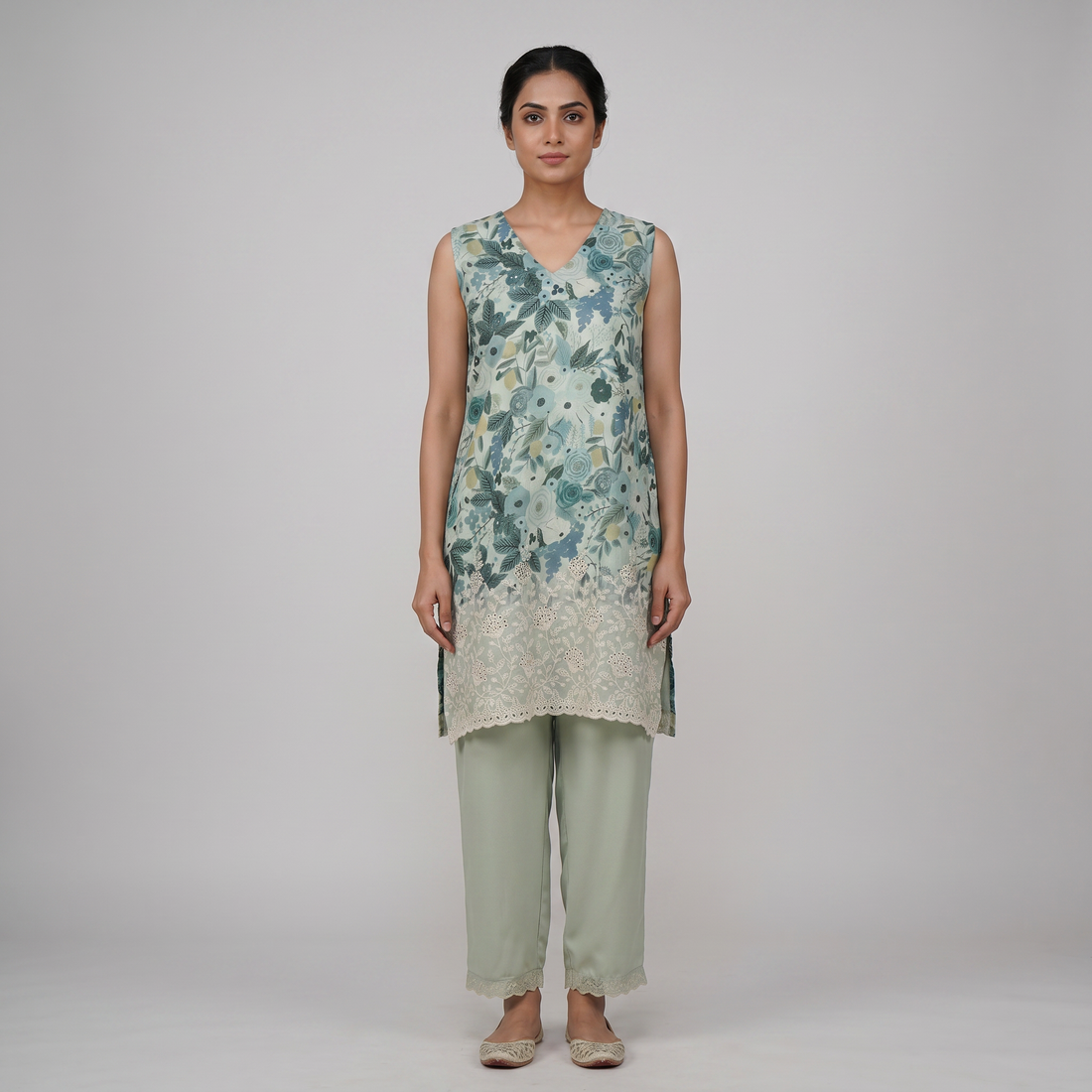 Printed V-Neck Kurta with Pant Set