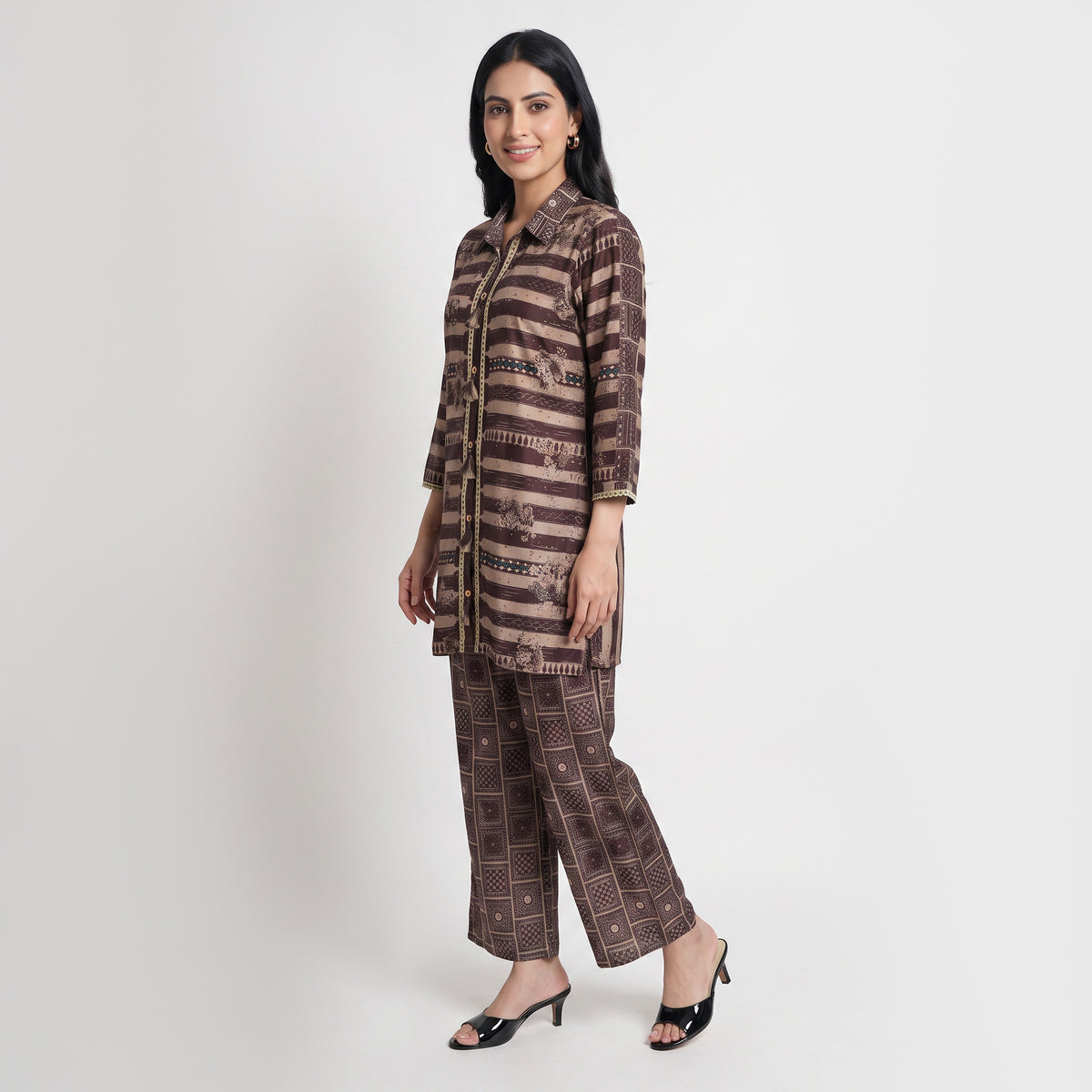 Printed Shirt Collar Straight Ethnic Sets