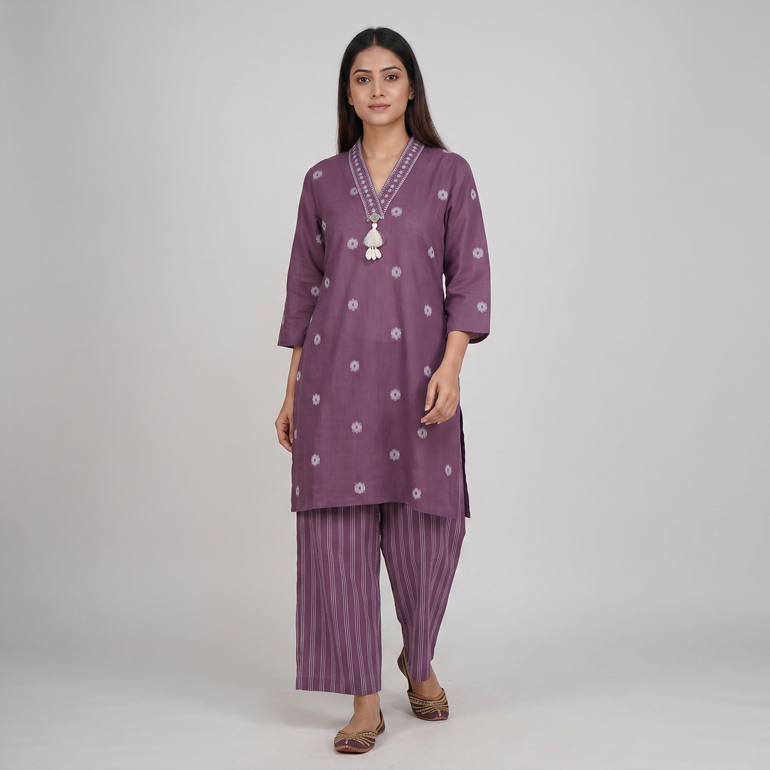 Cotton Embroidered V-Neck Kurta with Pant Set