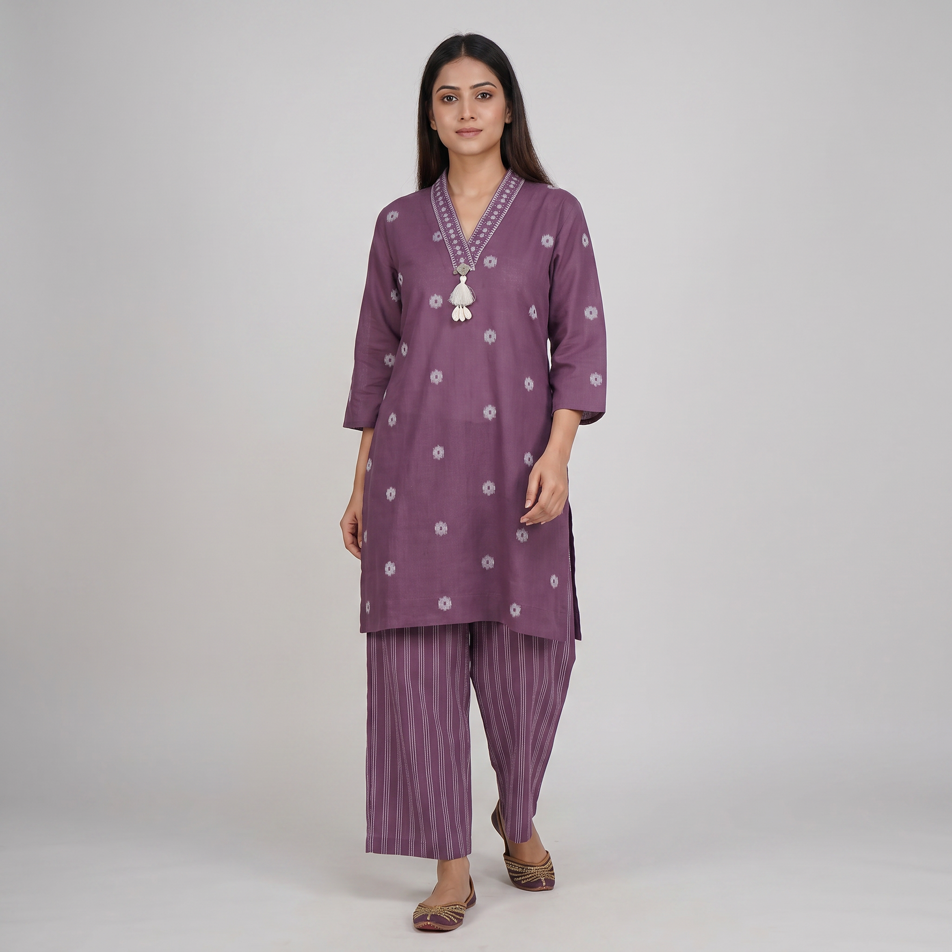 Cotton Embroidered V-Neck Kurta with Pant Set