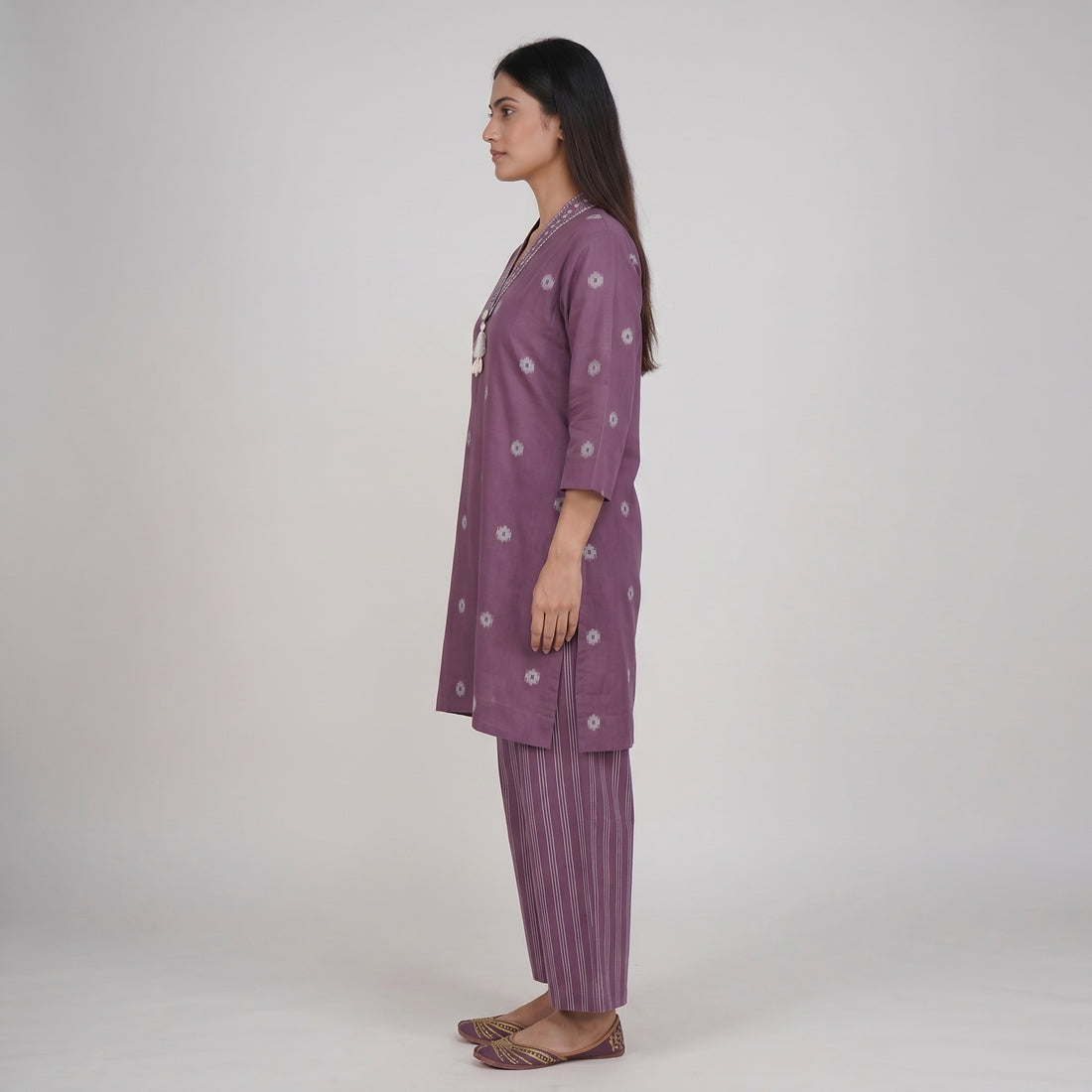 Cotton Embroidered V-Neck Kurta with Pant Set