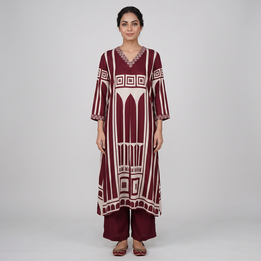 Printed V-Neck Kurta with Pant Set