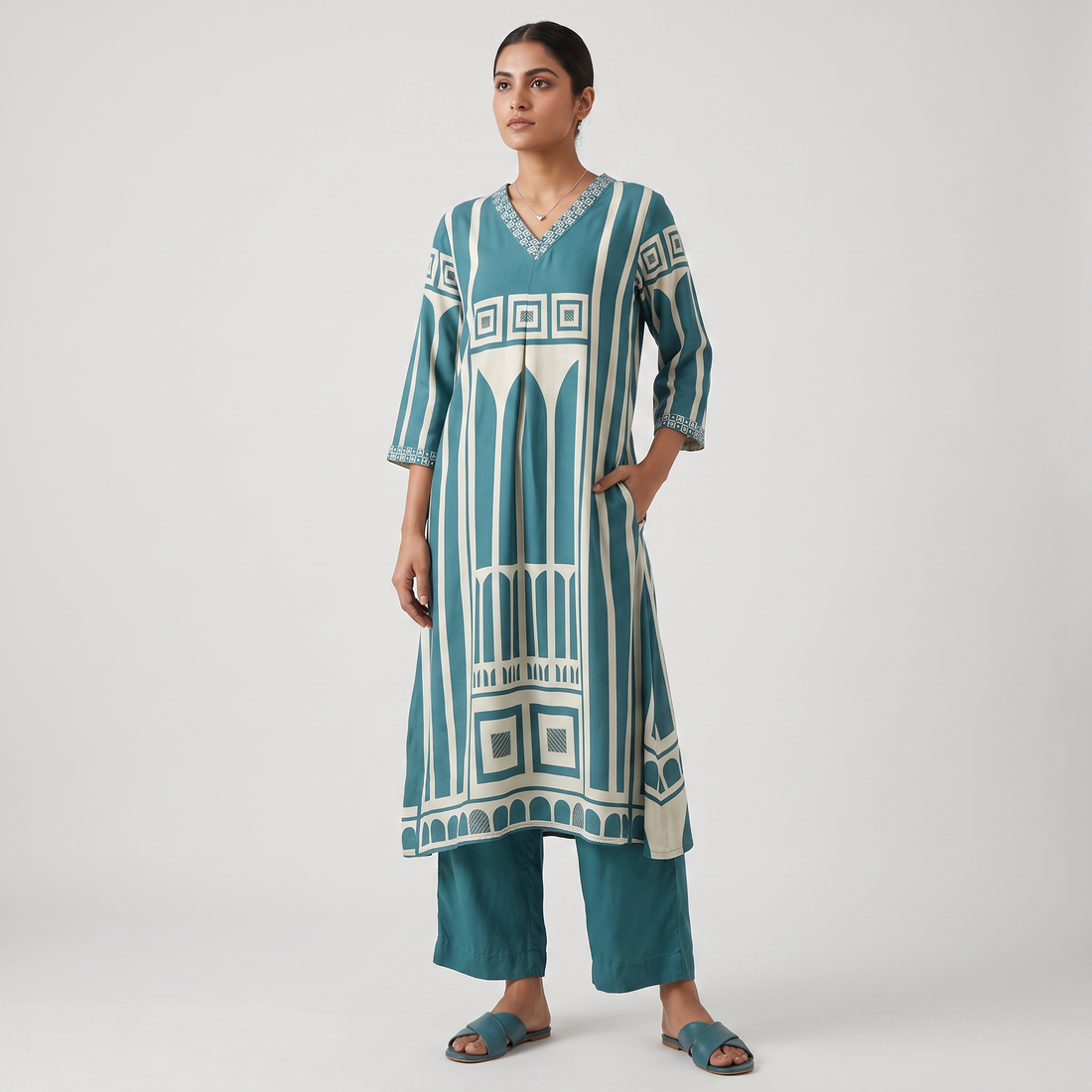 Printed V-Neck Kurta with Pant Set