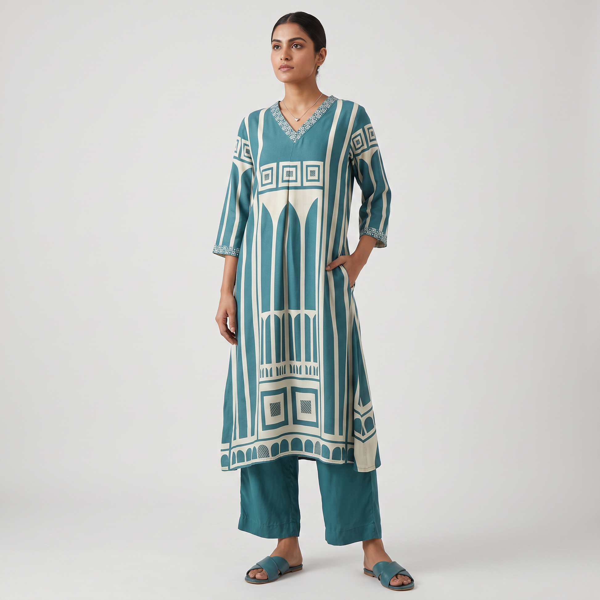 Printed V-Neck Kurta with Pant Set