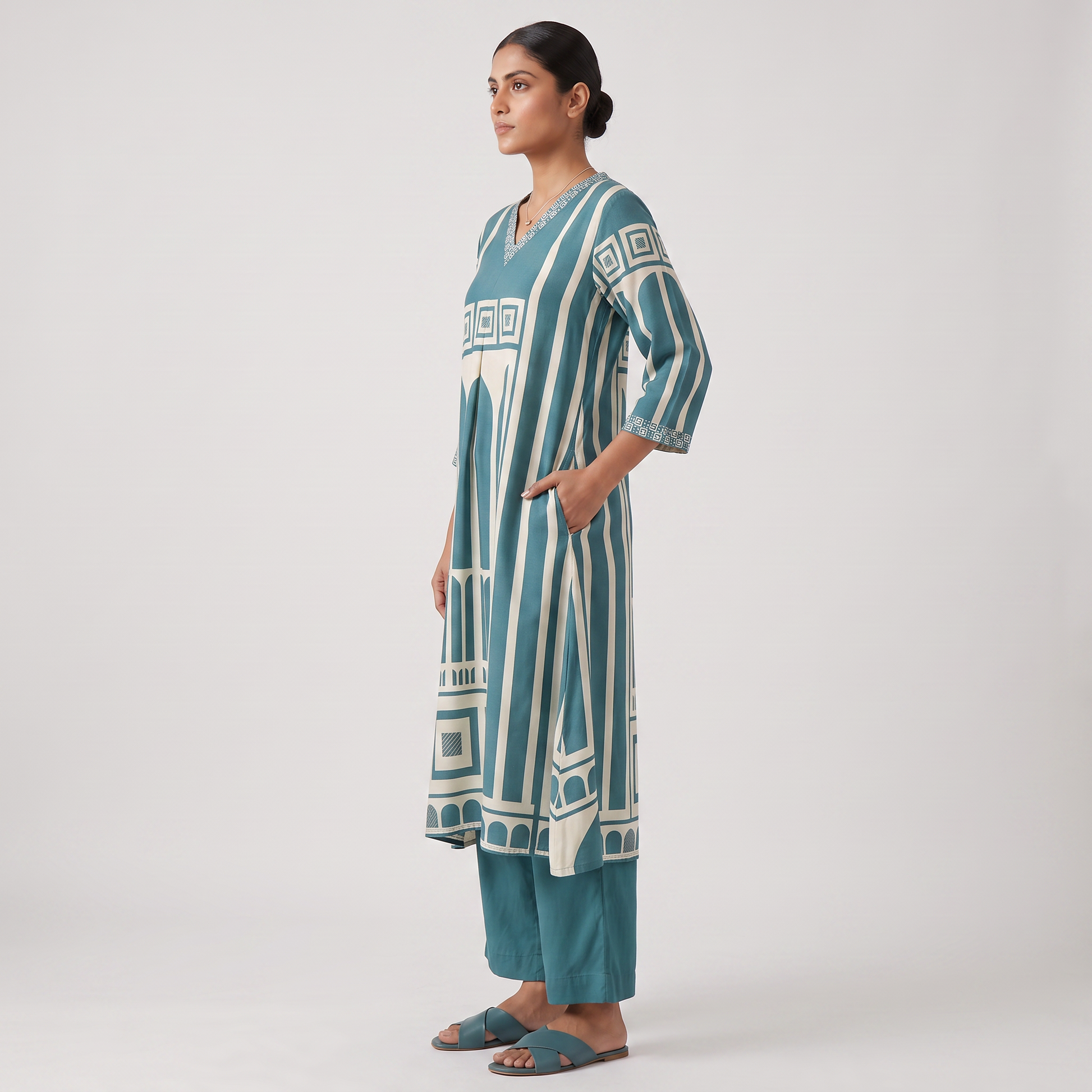 Printed V-Neck Kurta with Pant Set