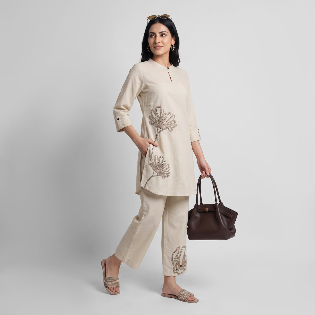 Solid Band Collar Straight Ethnic Sets