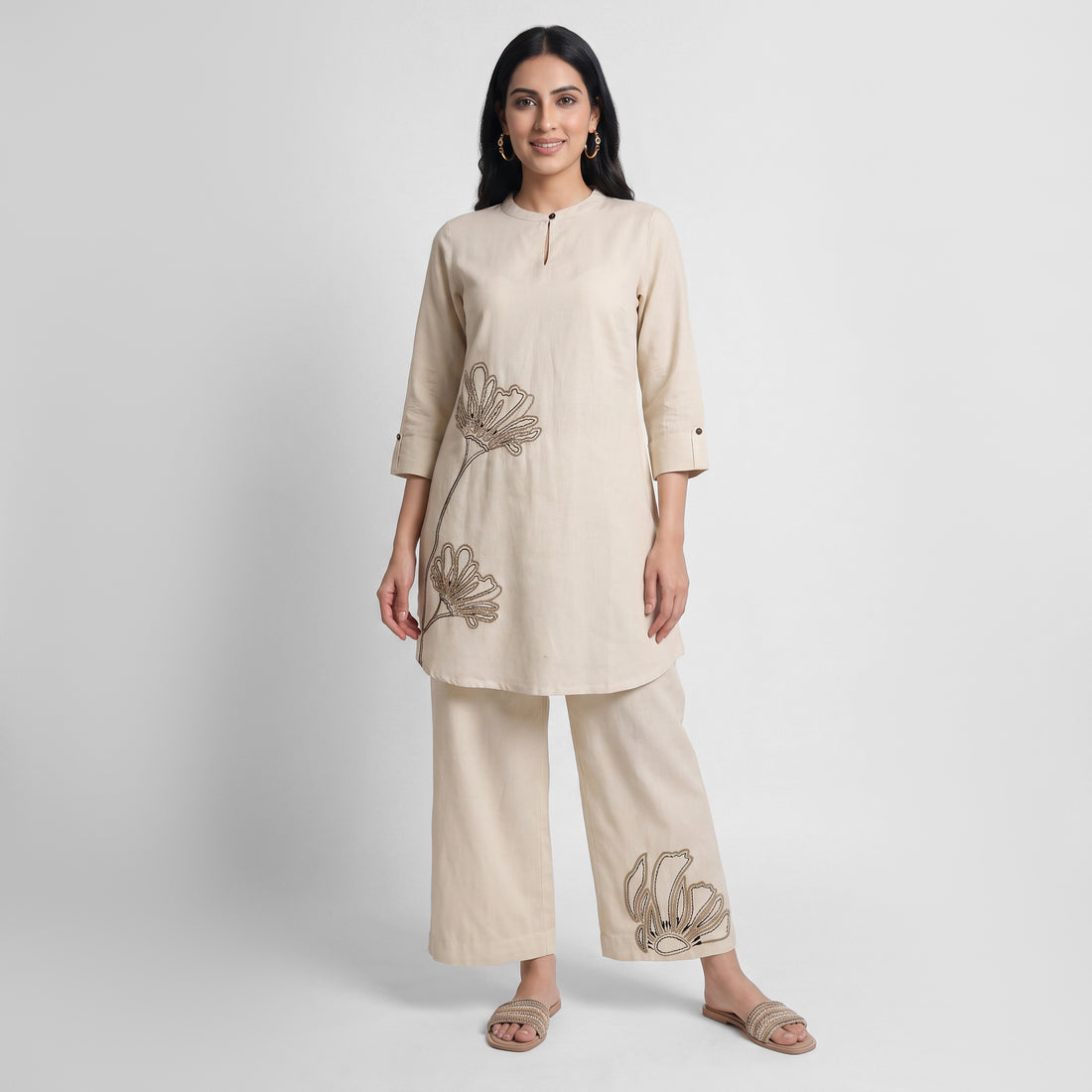 Solid Band Collar Straight Ethnic Sets