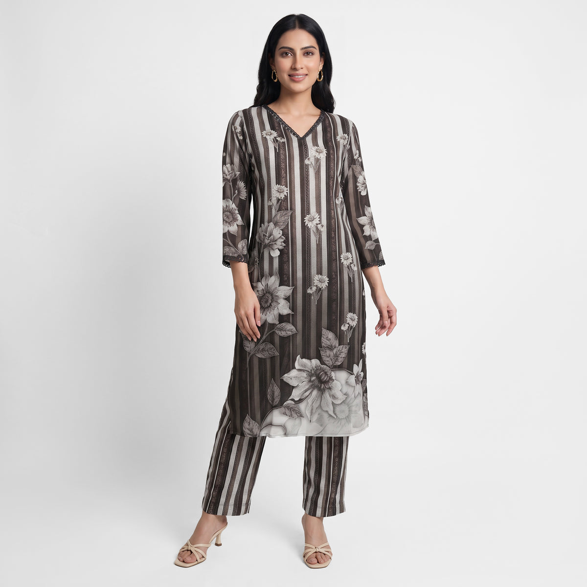 Printed V-Neck Straight Ethnic Sets