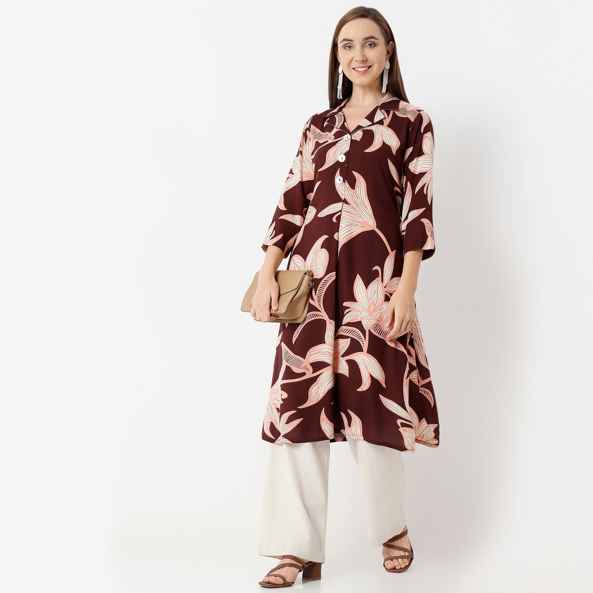 Straight Fit Printed Lapel Collar Kurta